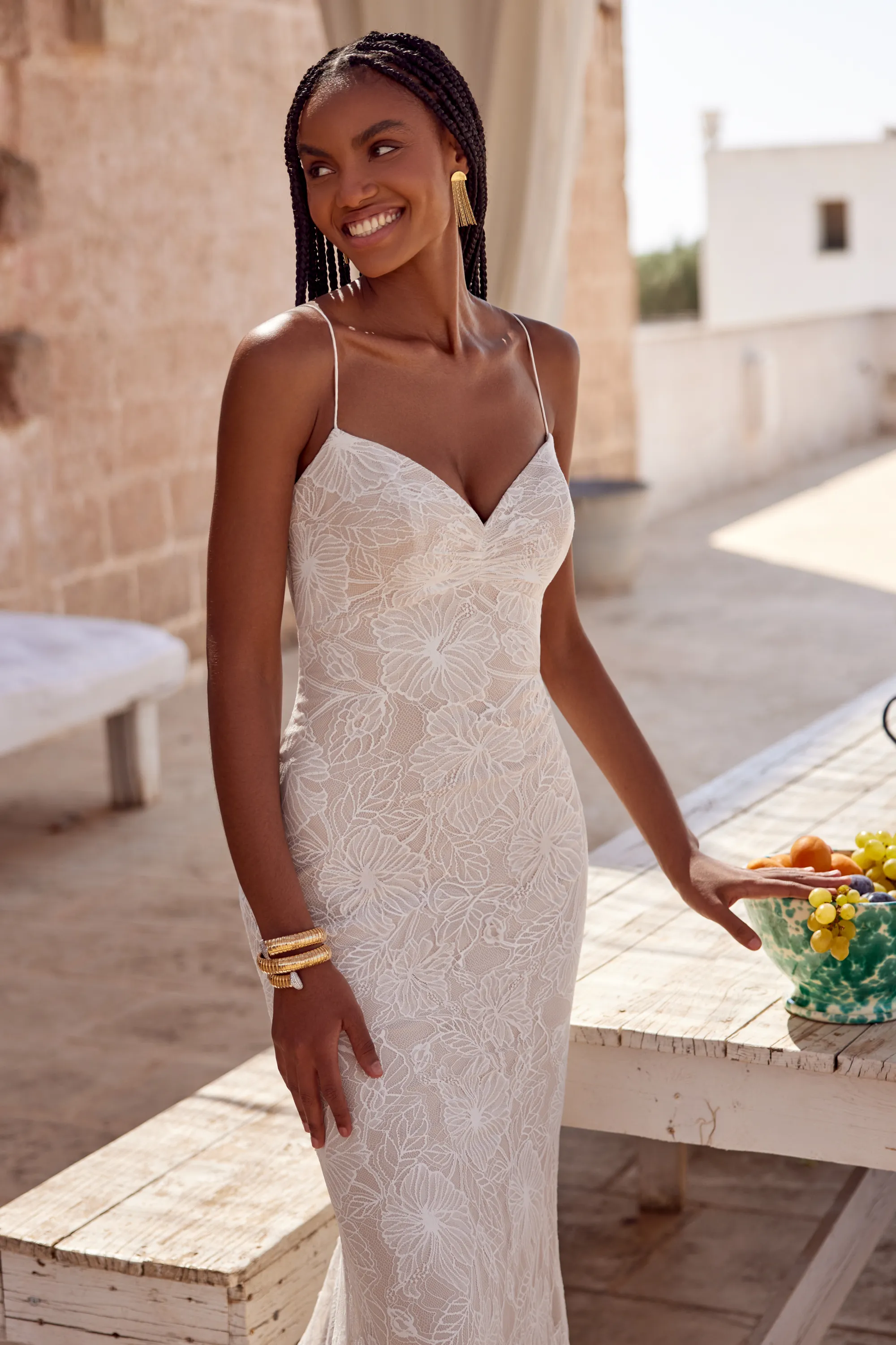 66358: Allover Lace A-Line Gown with Scoop Neckline and Sheer