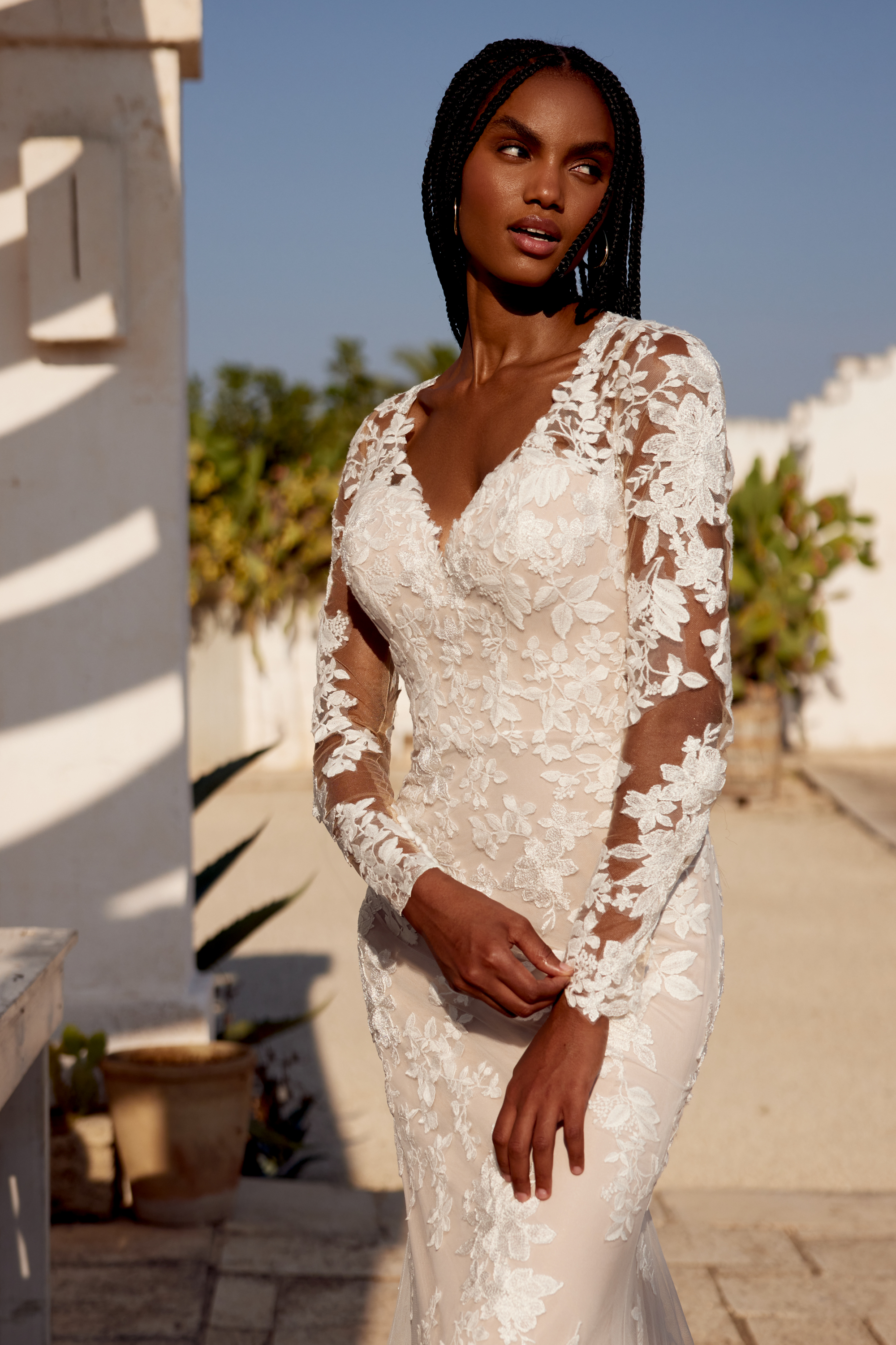 Lillian West Style 66406 Lace Detailed Fit and Flare with Long Sheer Sleeves