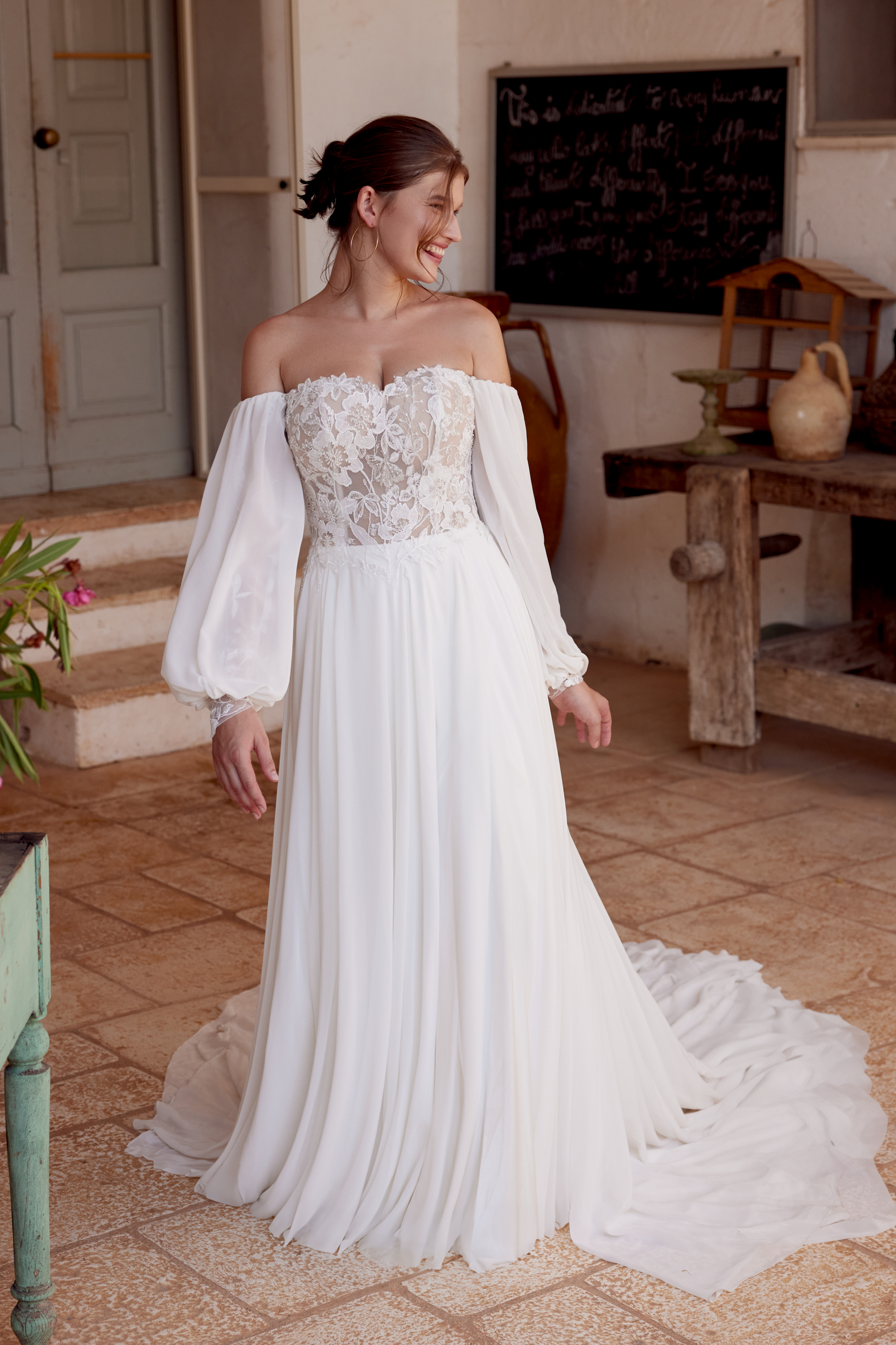 Lillian West Style 66228 Luxe Chiffon A-Line Dress with Blouson Sleeves and Slit