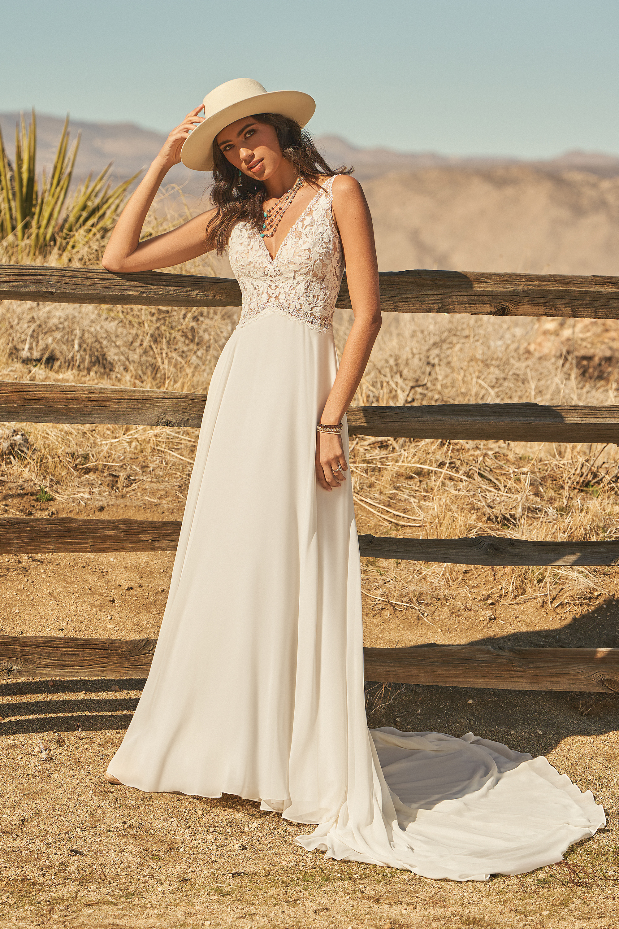66254: Lace and Chiffon A-Line Dress with Inverted Basque Waist
