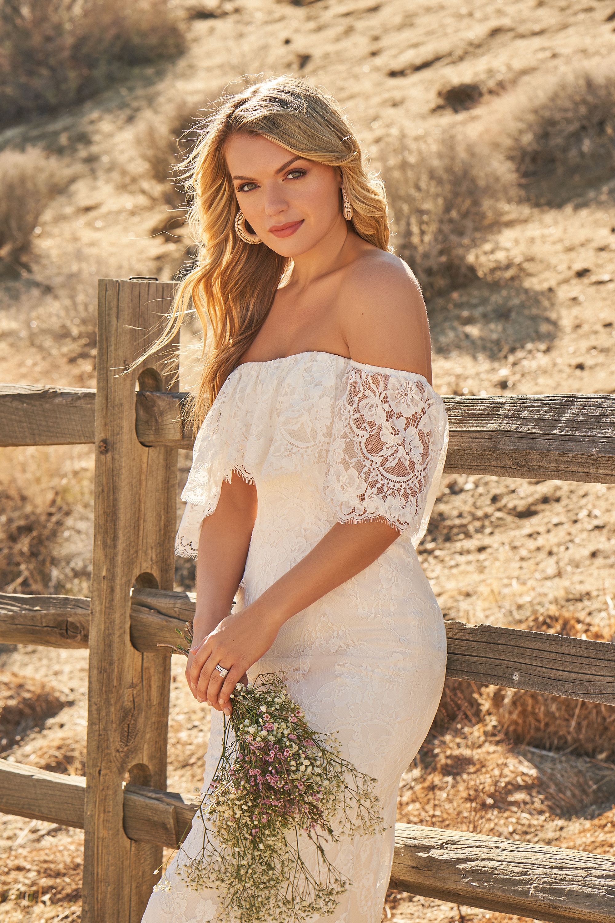Lillian West Style 66258 Chantilly Lace Fit and Flare Gown with Off the Shoulder Flounce