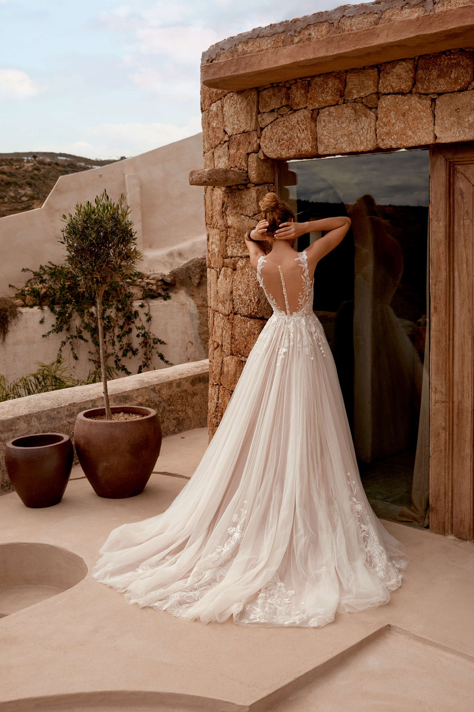 Lillian West Style 66374 Glitter Dot Tulle A-Line Gown with Illusion Sabrina Neckline