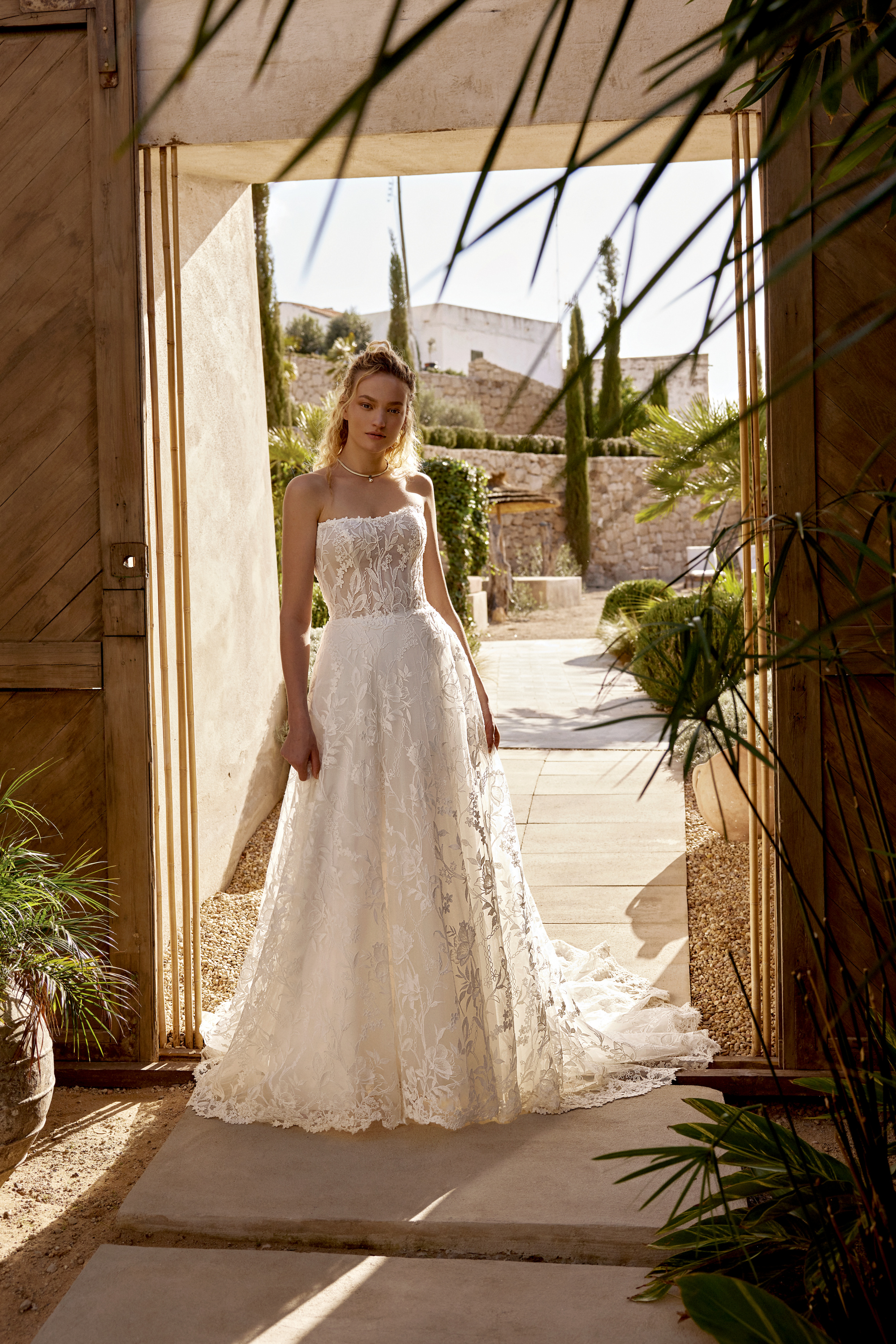 Lillian West Style 66376 Allover Embroidered A-Line Gown with Strapless Scoop Neckline