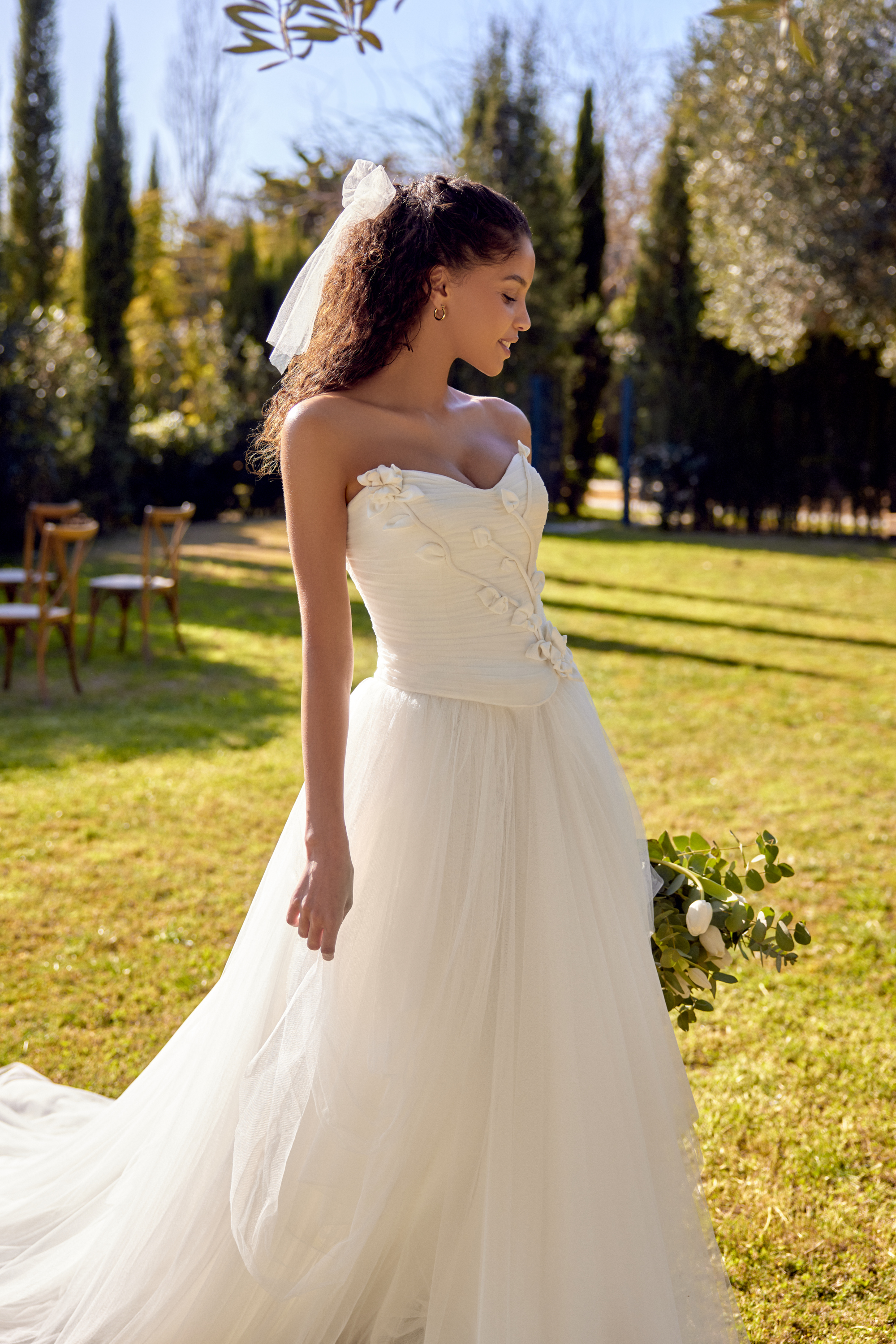 Lillian West Style 66411 English Net A-Line Gown with 3D Floral on Bodice and Basque Waistline