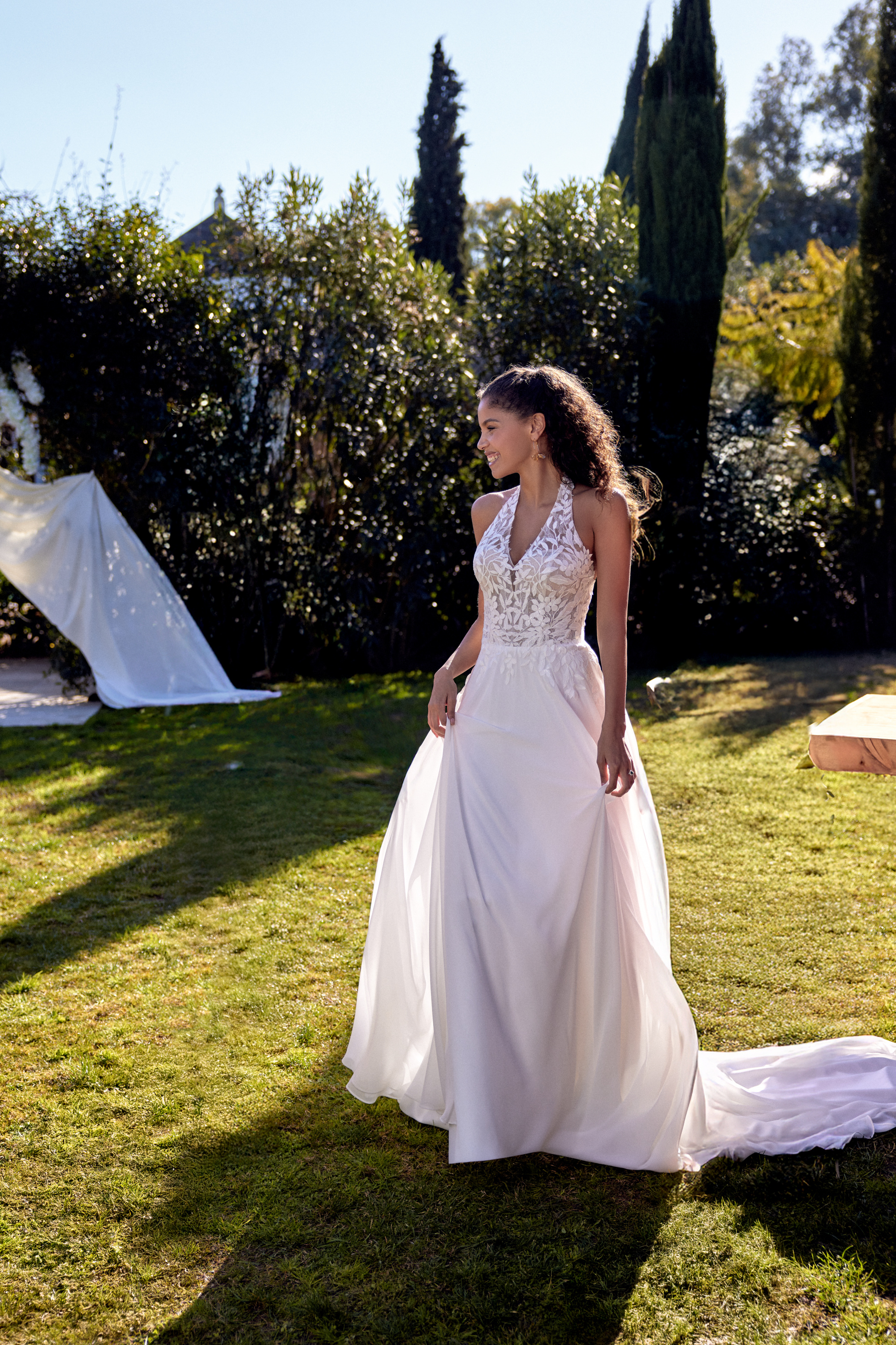 Lillian West Style 66425 Chiffon A-Line Gown with Halter Neckline and Chapel Length Train
