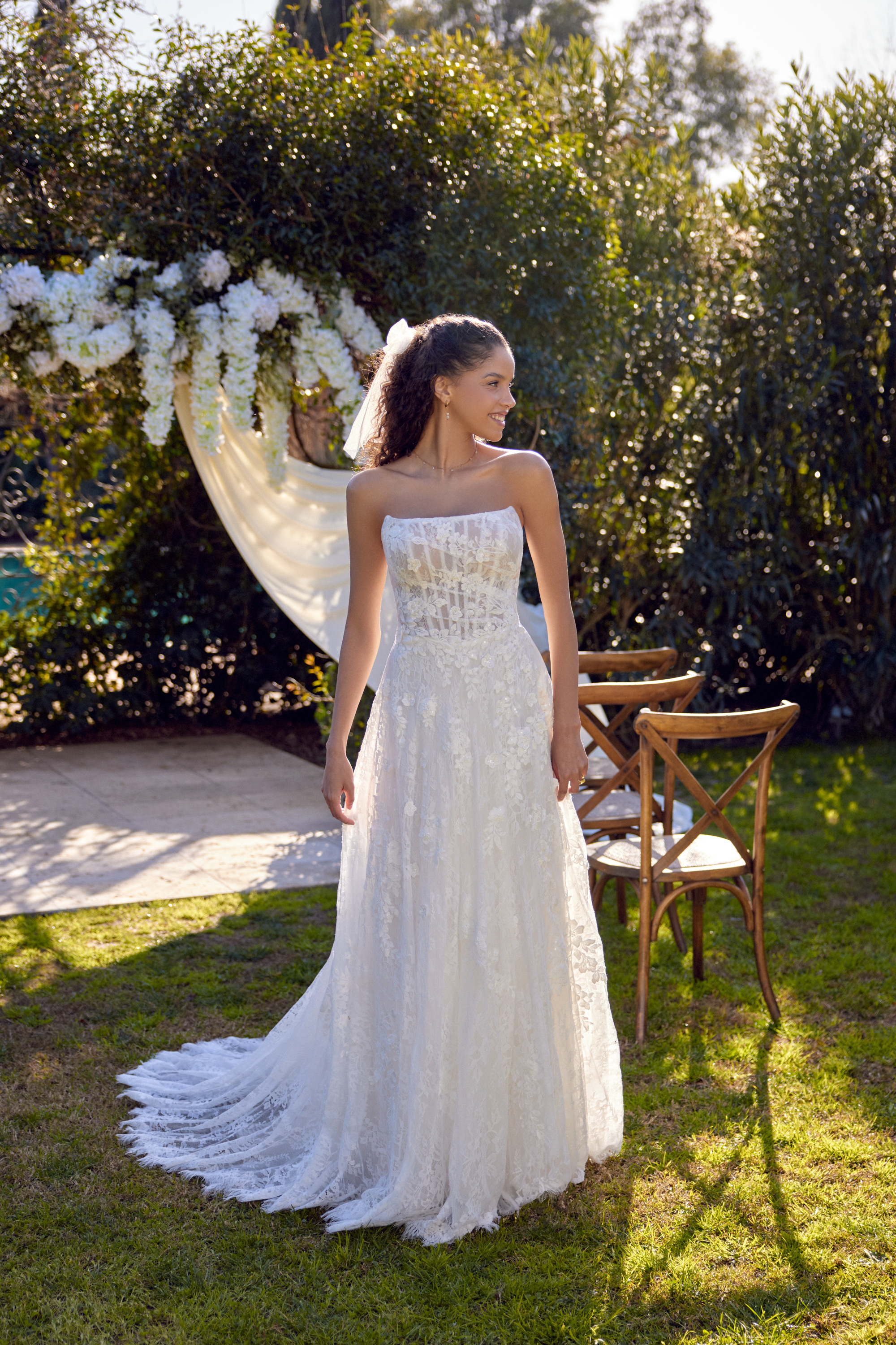 Lillian West Style 66432 Allover Chantilly Lace A-Line Gown with Sheer Bodice & Lace Appliqués