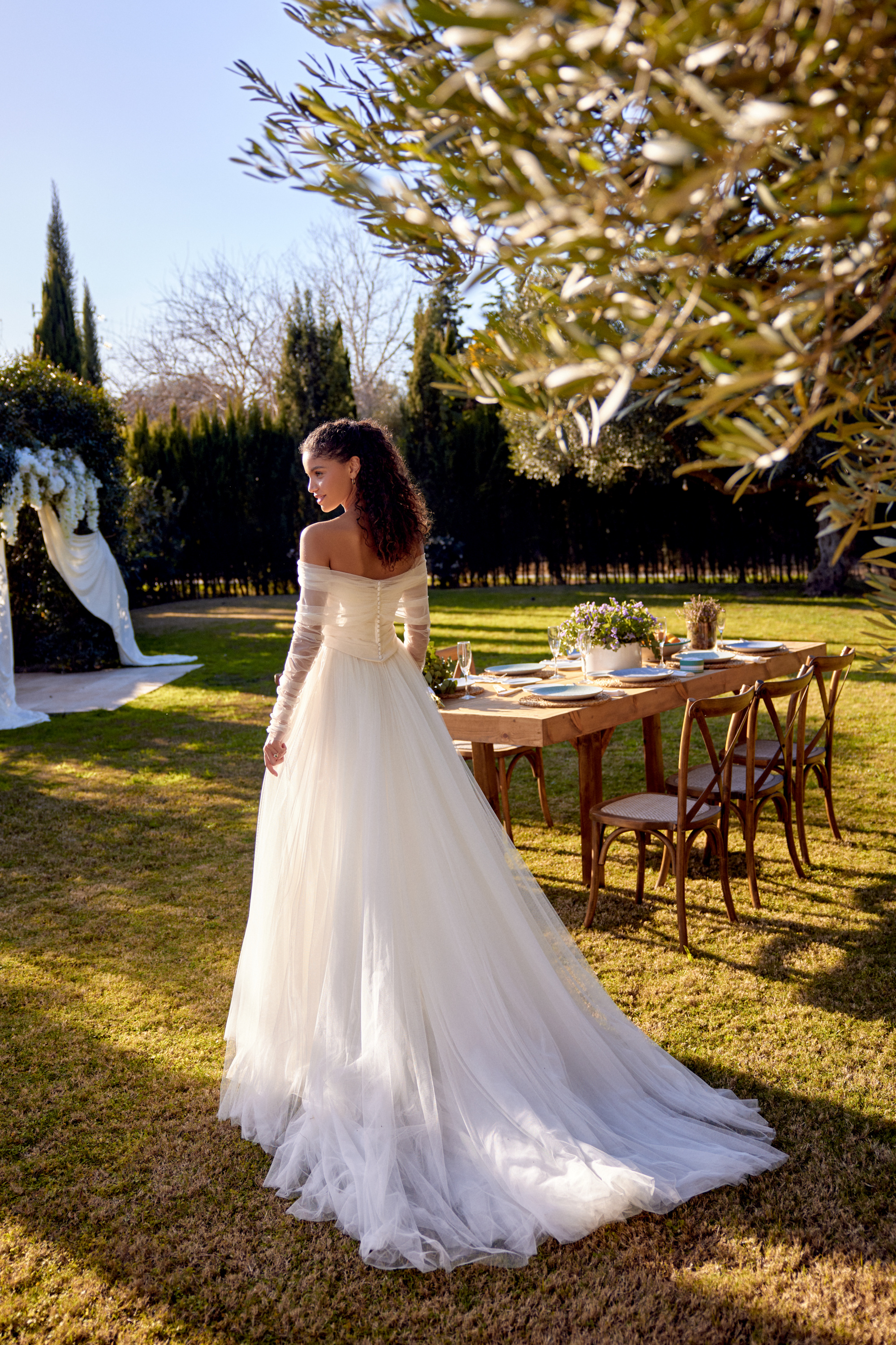Lillian West Style 66435 Faux Two-Piece A-Line Gown with Crepe Bodice and English Net Skirt