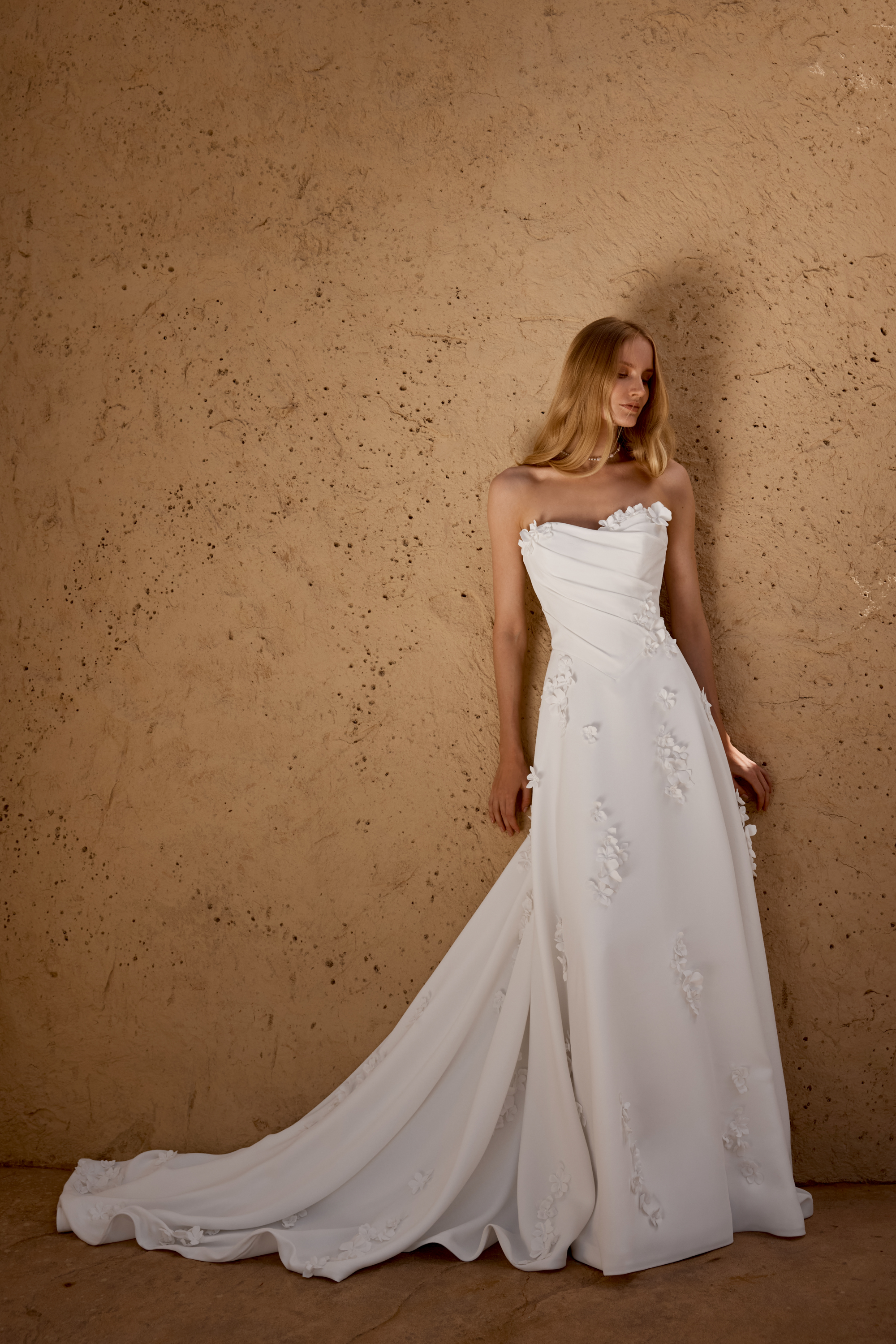 Lillian West Style 66473 Sweetheart Strapless Crepe Gown with Delicate Pleating on Bodice and 3D Floral Appliqués