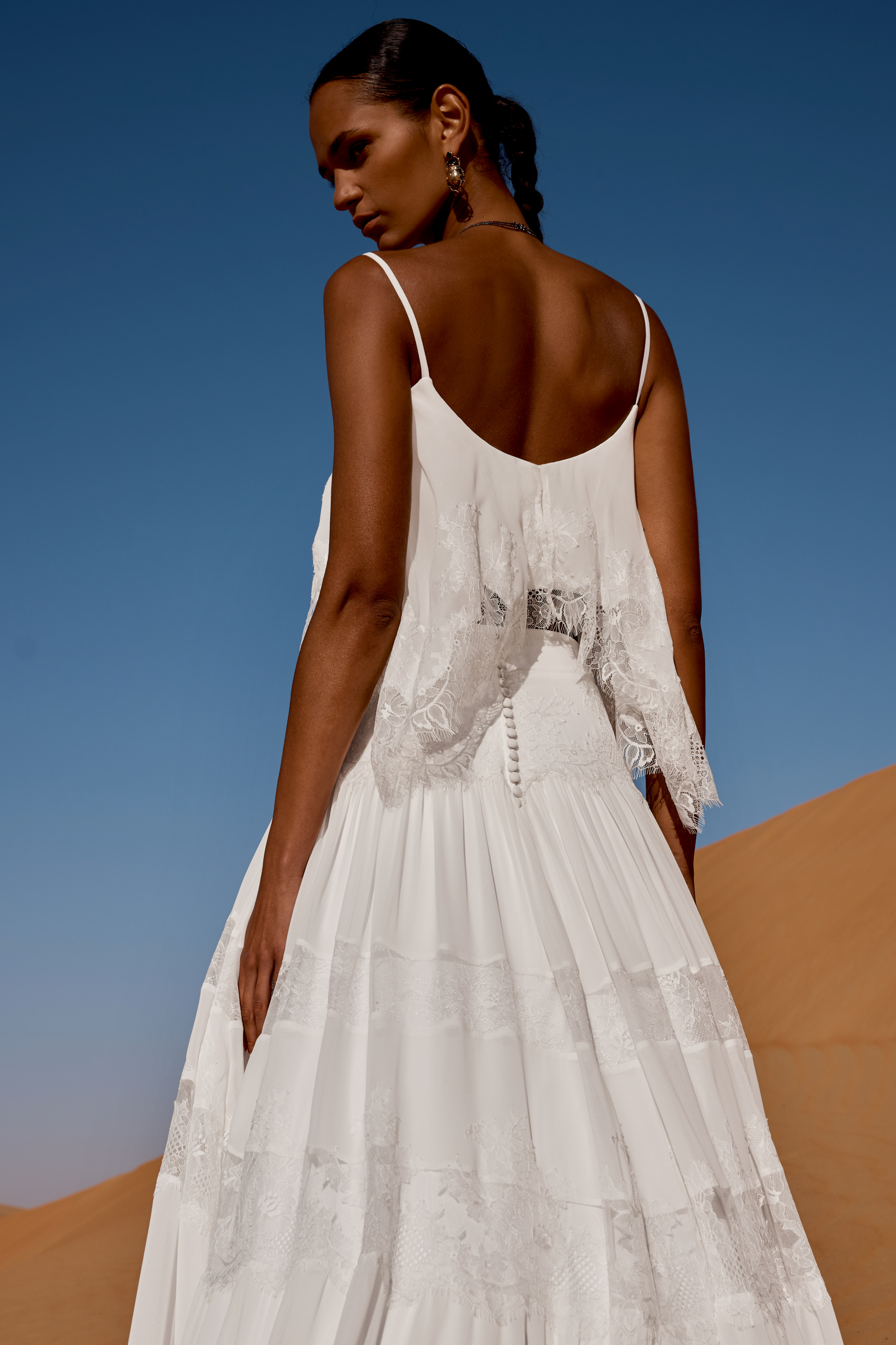 Lillian West Style 66476SK Natural Waisted A-Line Chiffon Skirt with Illusion Chantilly Tiers