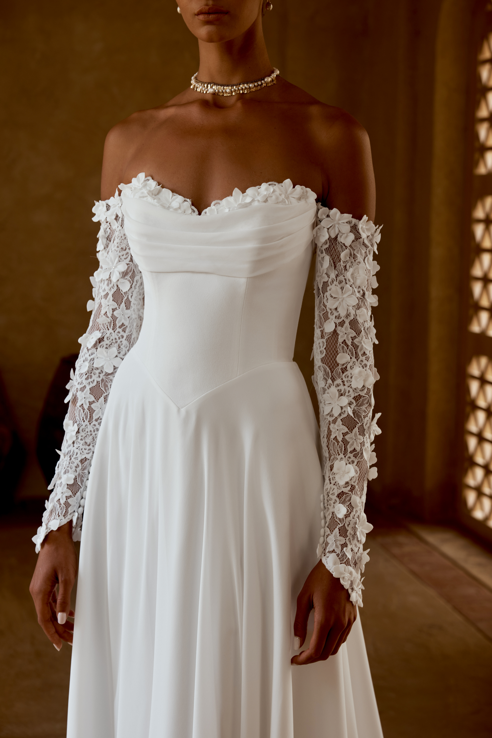 Lillian West Style 66478SL Off-the-Shoulder Stretch Lace Long Gauntlet Sleeves with Crepe 3D Floral Appliqués