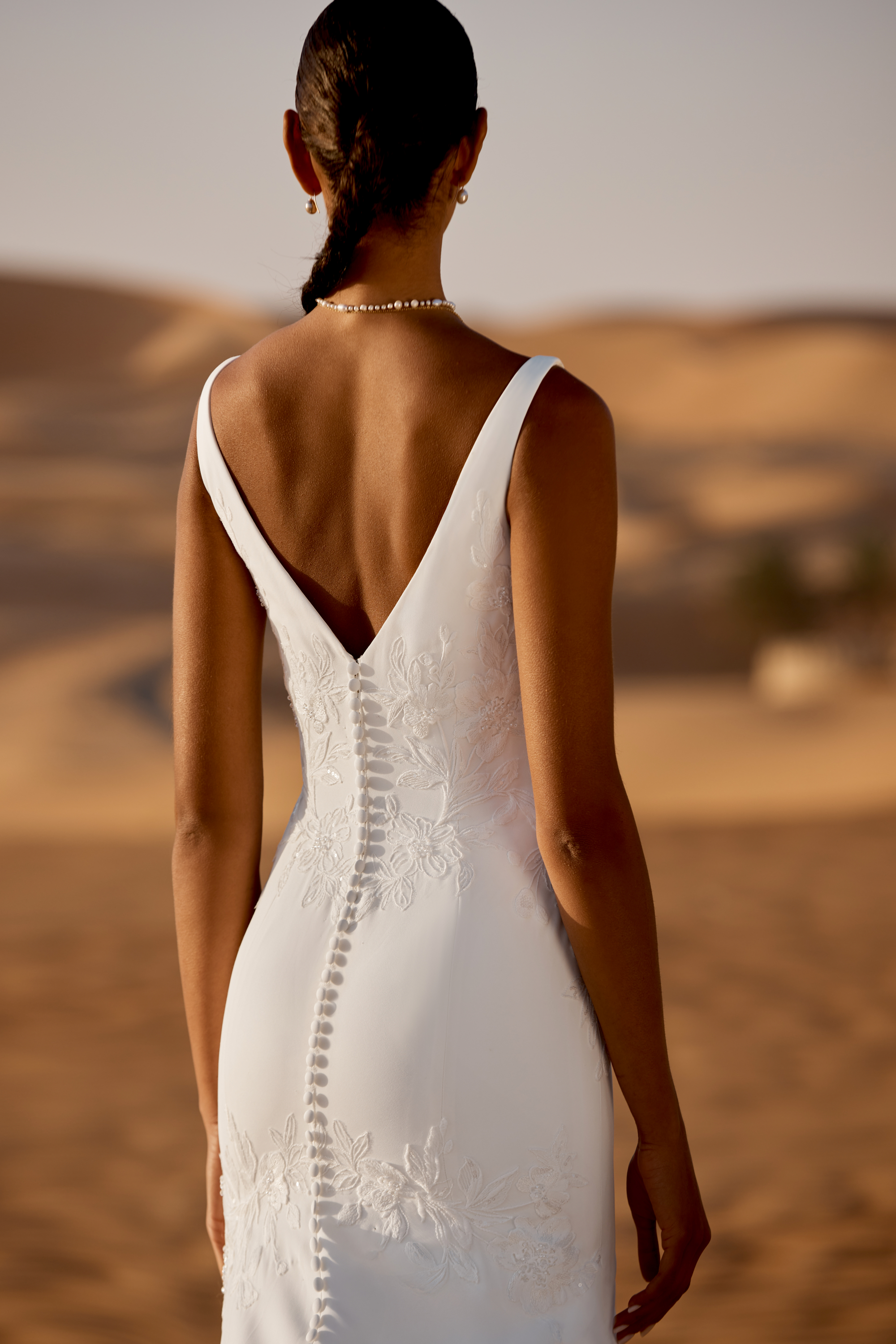 Lillian West Style 66479 Crepe Fit and Flare Gown with V-Neckline and Lace Appliqués on Bodice