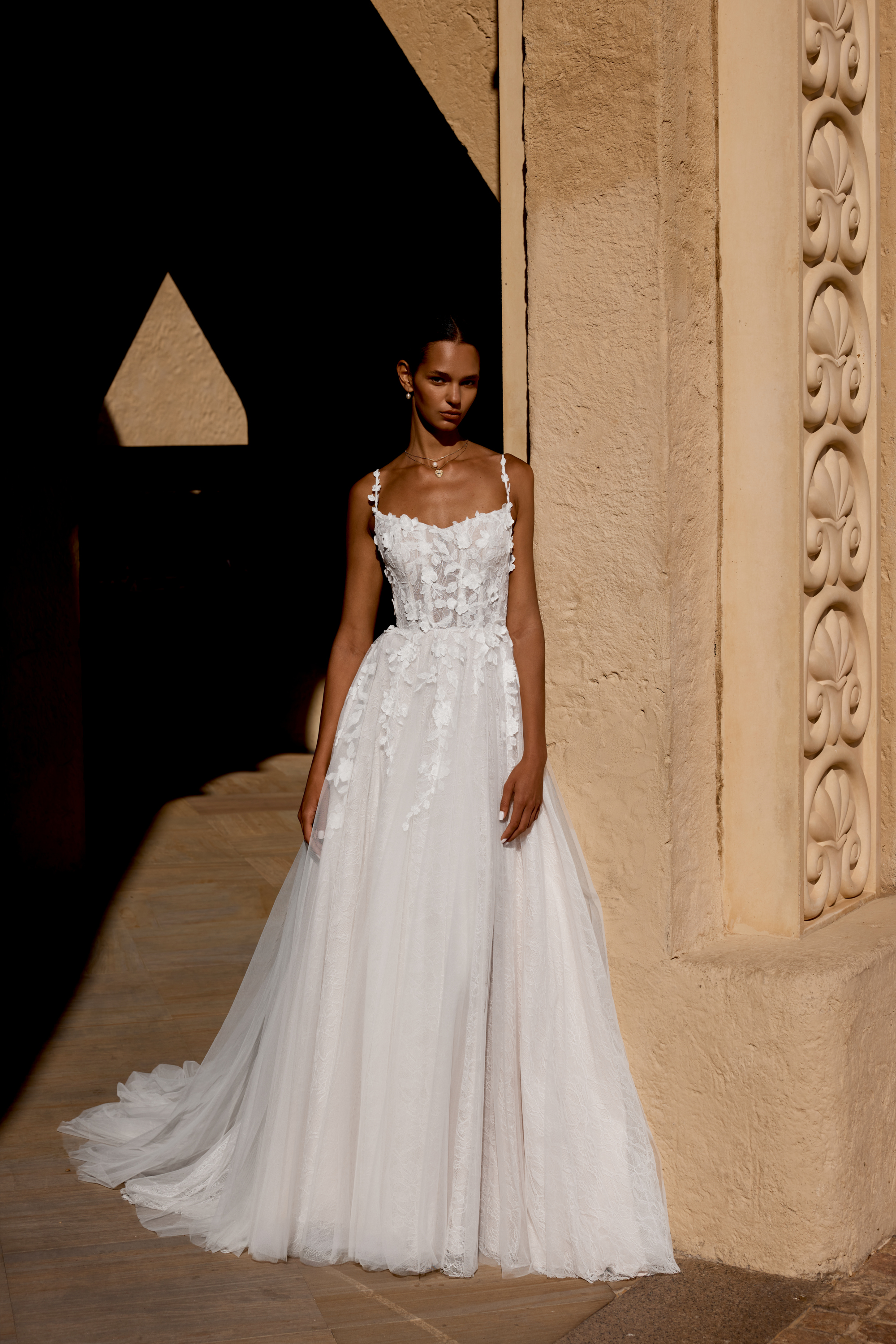 Lillian West Style 66487 Tulle A-Line Gown with Bikini Neckline with Spaghetti Straps and Matte 3D Floral Lace Appliqués