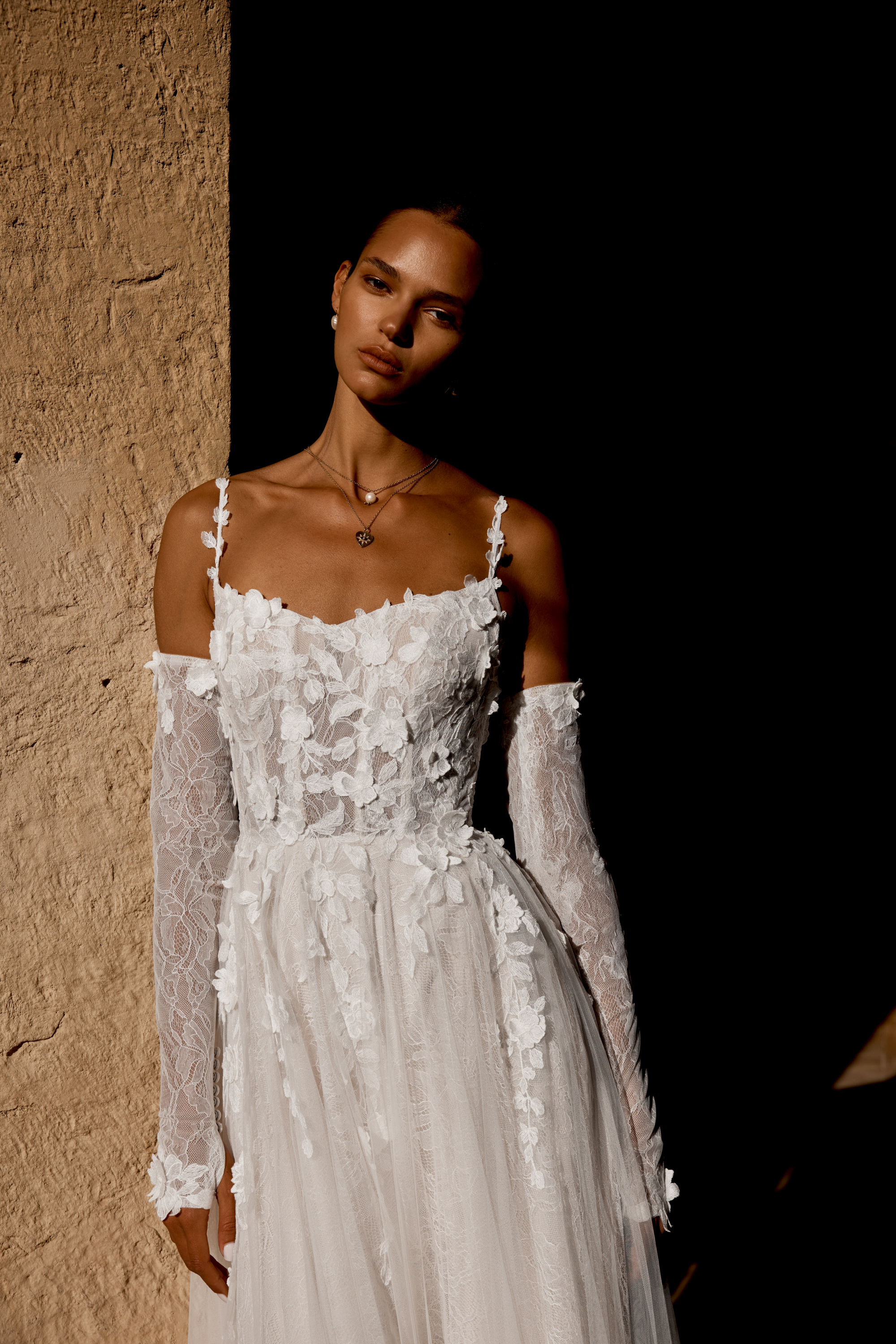Lillian West Style 66487SL Chantilly Lace Detachable Long Sleeves Adorned with Matte 3D Floral Appliqués