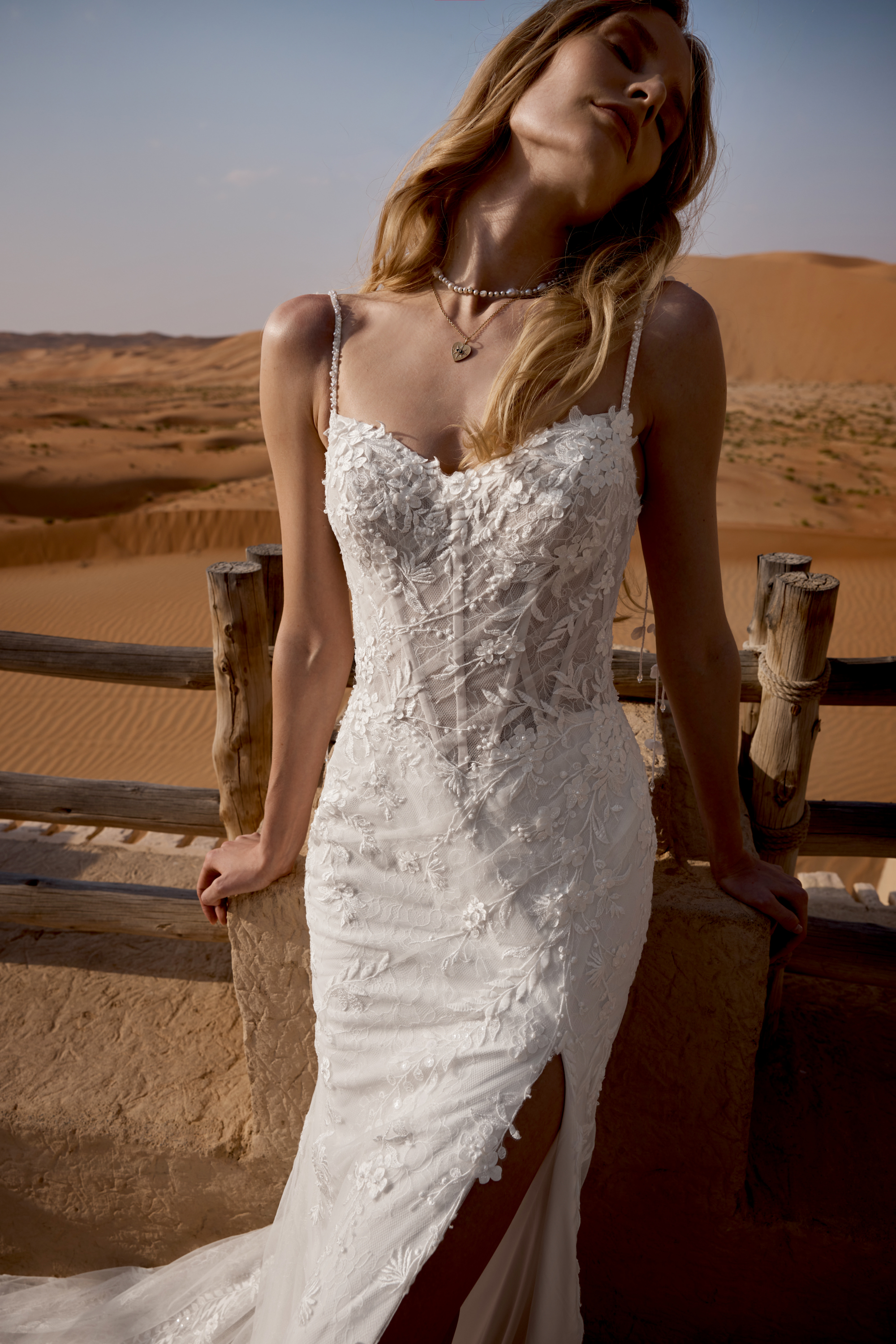 Lillian West Style 66488 Sparkling Lace Fit and Flare Gown with Bikini Neckline, Sheer Bodice, and Matte Lace Appliqués with 3D Florals