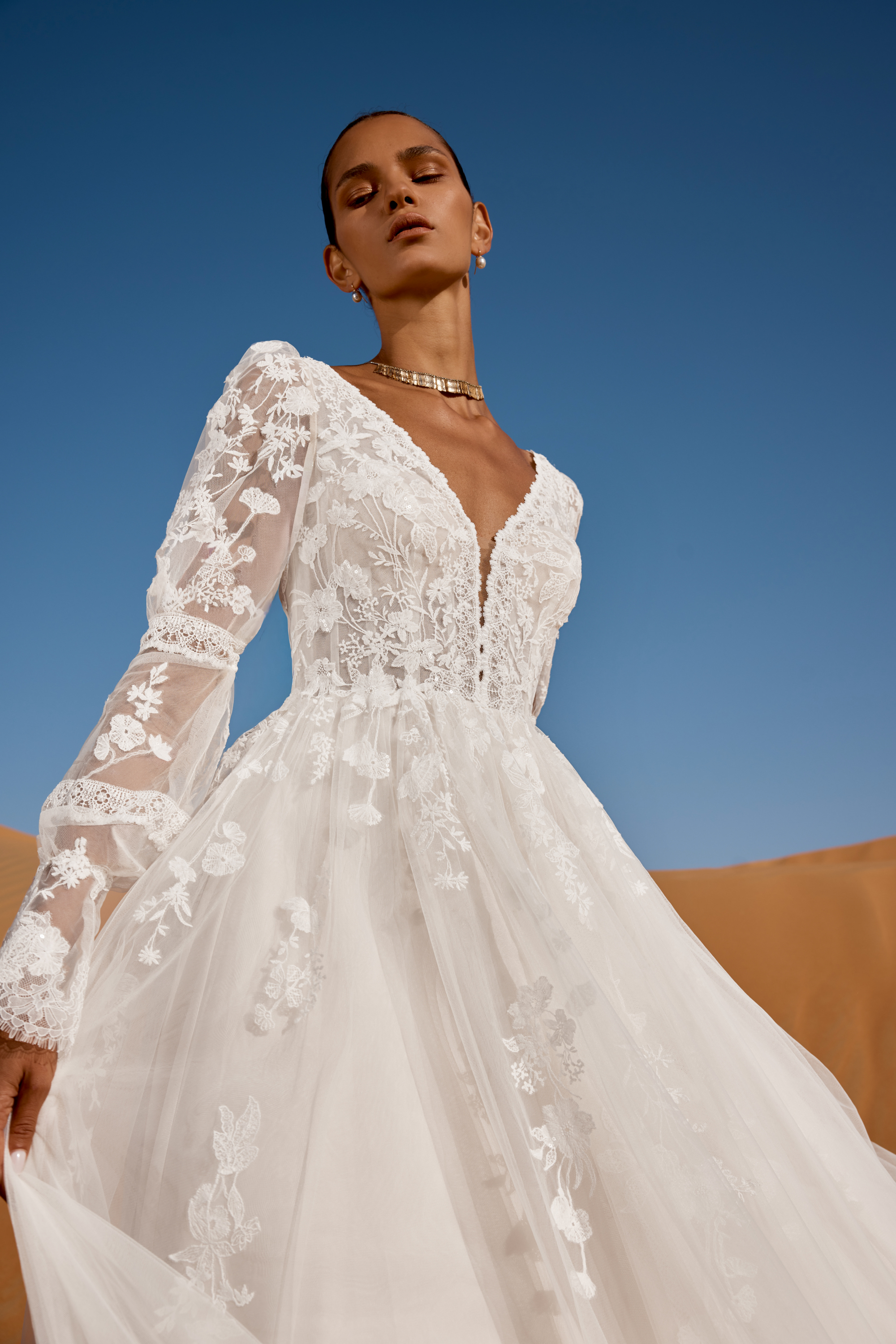 Lillian West Style 66489 Tulle A-Line Bridal Gown with Plunging V-Neckline, Poet Sleeves, and Sheer Bodice