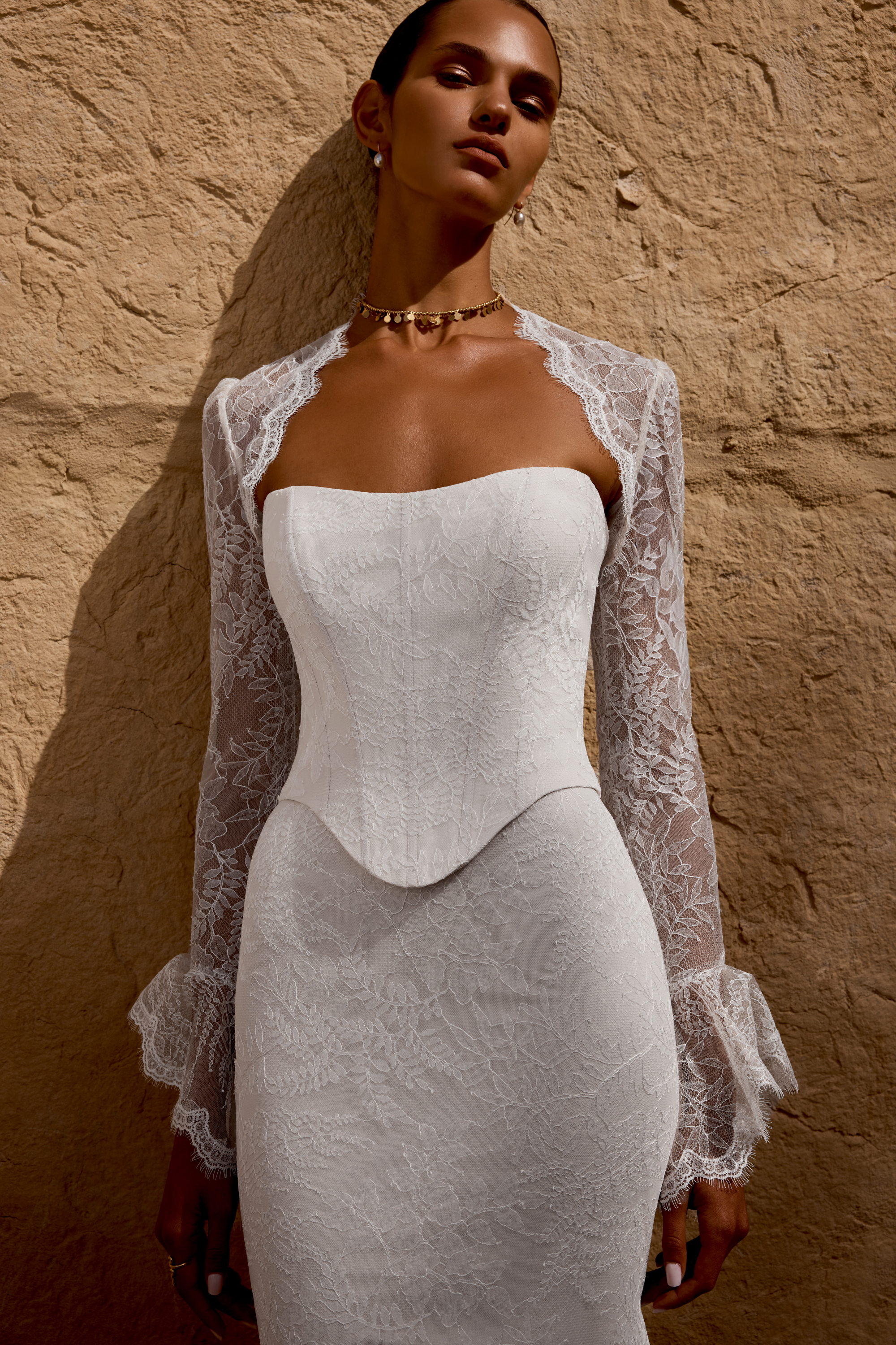 Lillian West Style 66490 Faux Two Piece Chantilly Lace Fit and Flare Gown with Basque Waistline