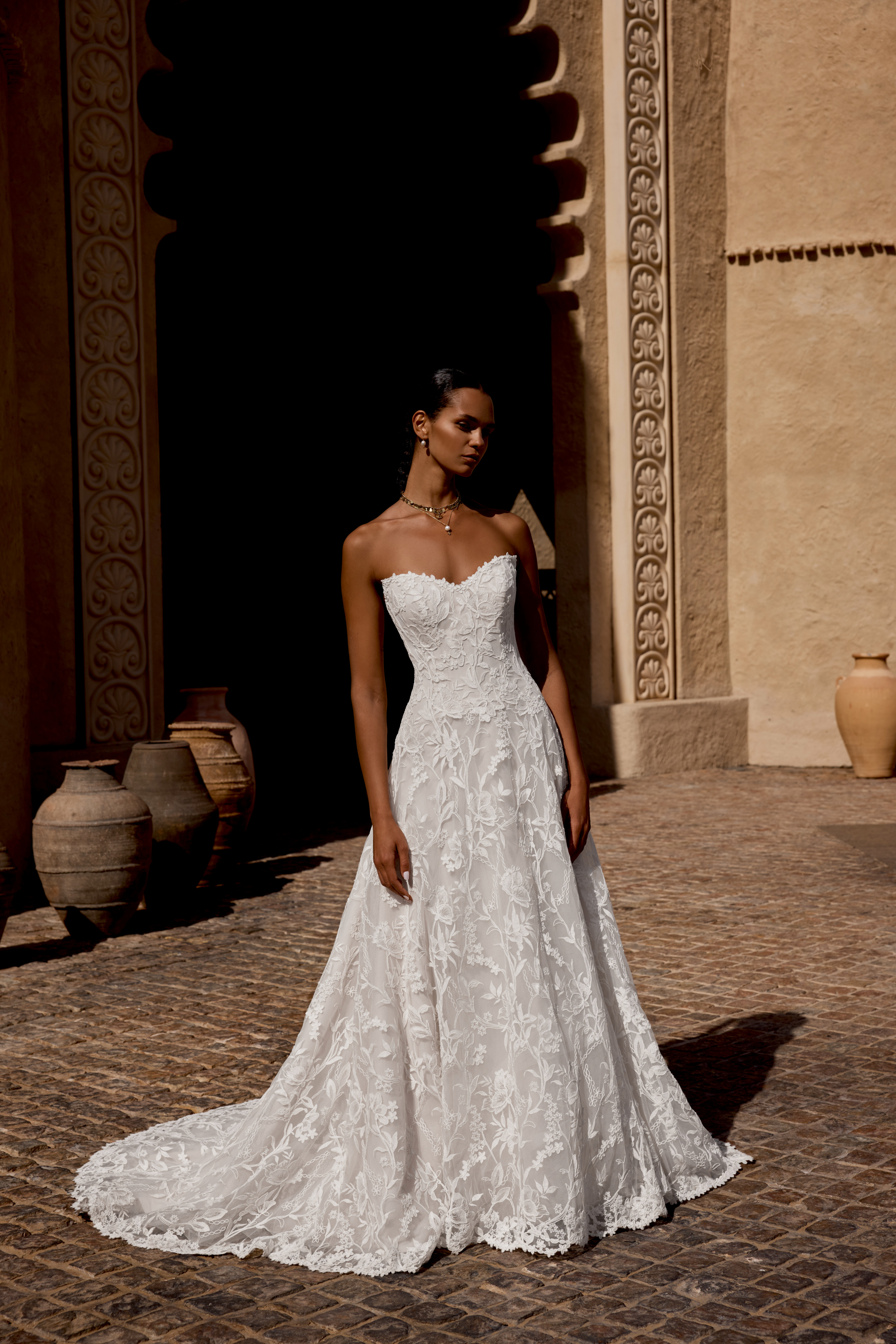 Lillian West Style 66491 Matte Lace A-Line Bridal Gown with Strapless Sweetheart Neckline
