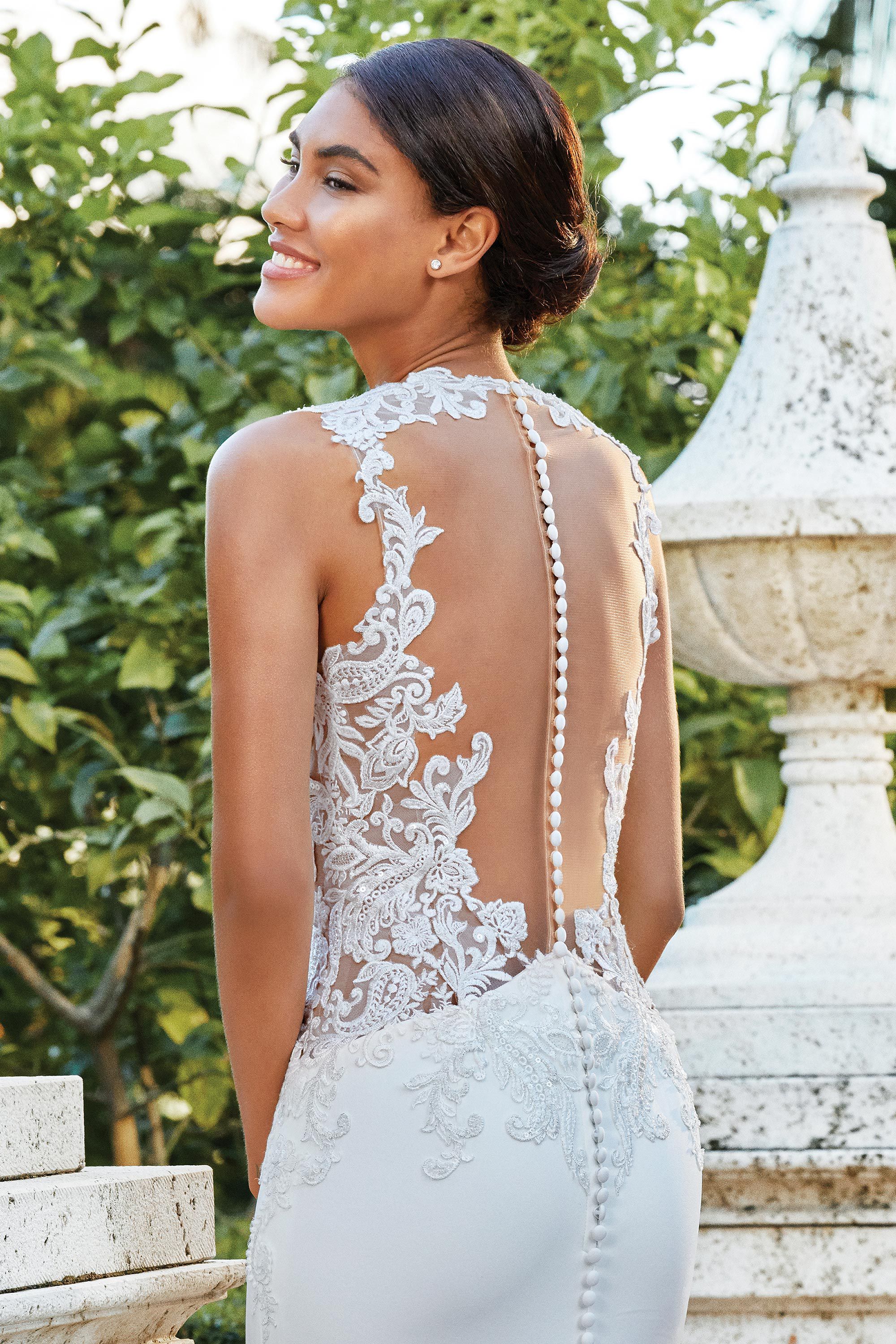 Sincerity Bridal Style 44196 Crepe Gown with Side Cutouts and Illusion Lace Train