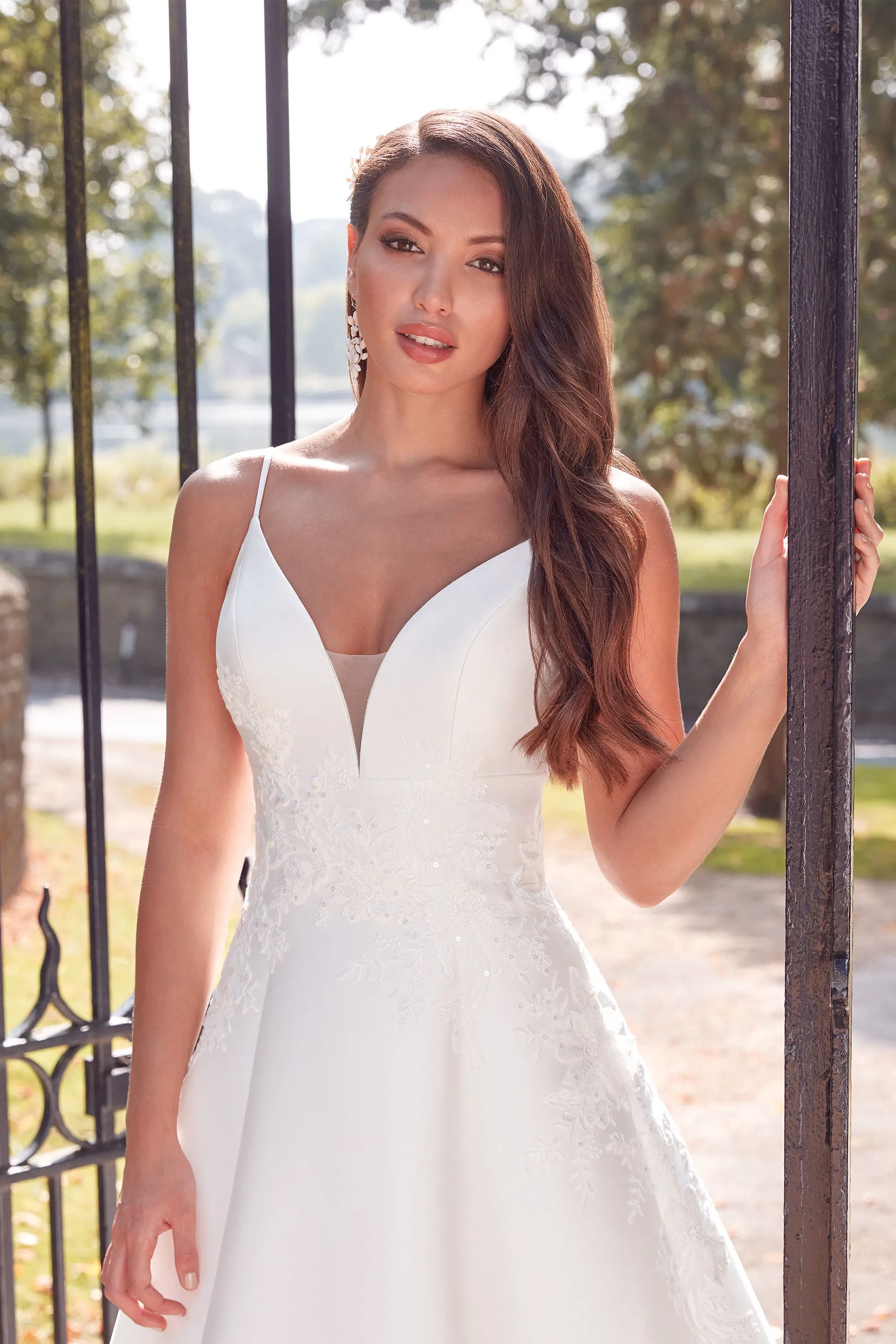 44266: Sabrina Neckline Chiffon Gown with Three Quarter