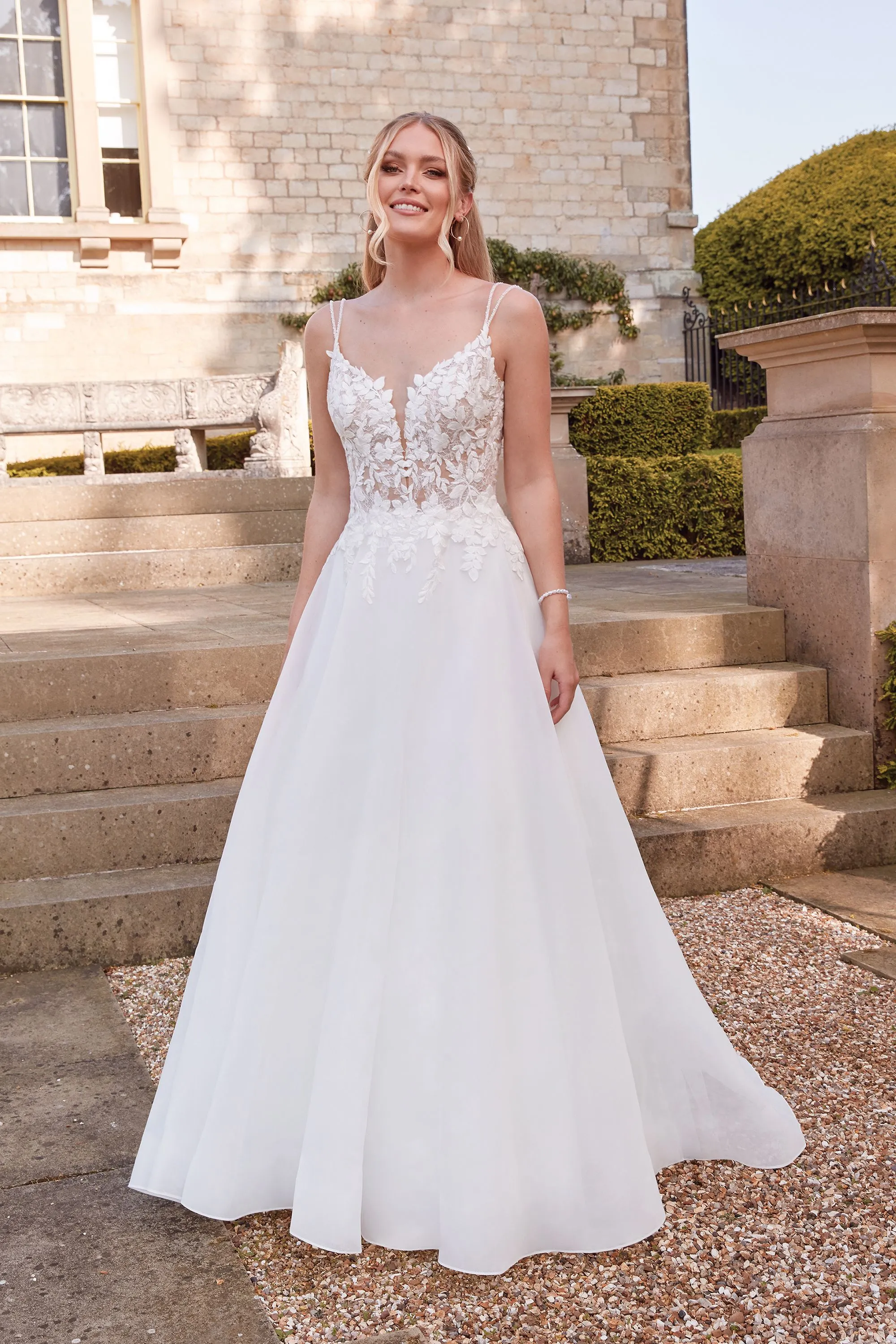 44417: Organza A-Line Gown with Sheer Chantilly Lace Bodice