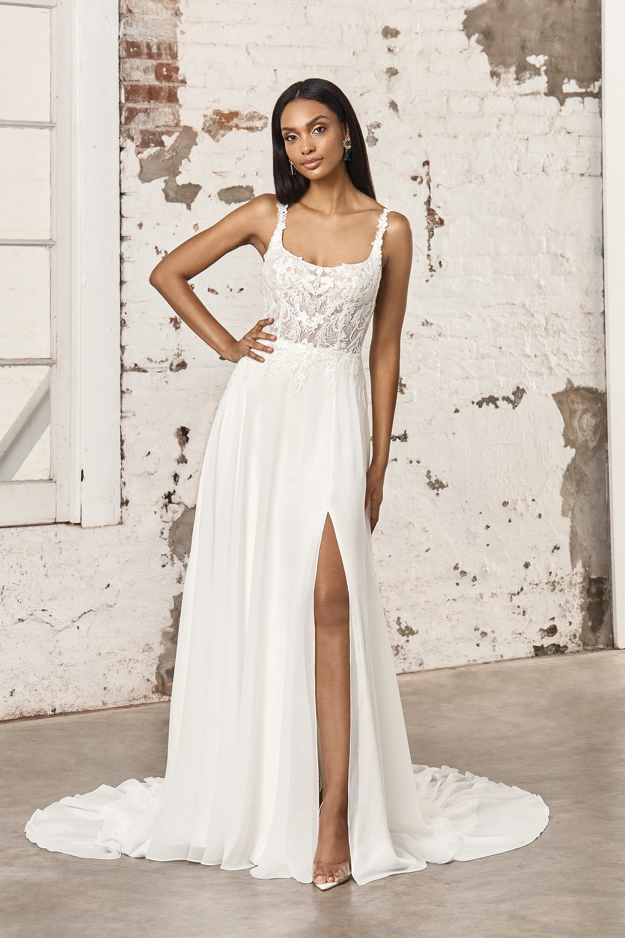 Sincerity Bridal Style 44382 Chiffon A-Line Bridal Gown with Scoop Neckline and Slit