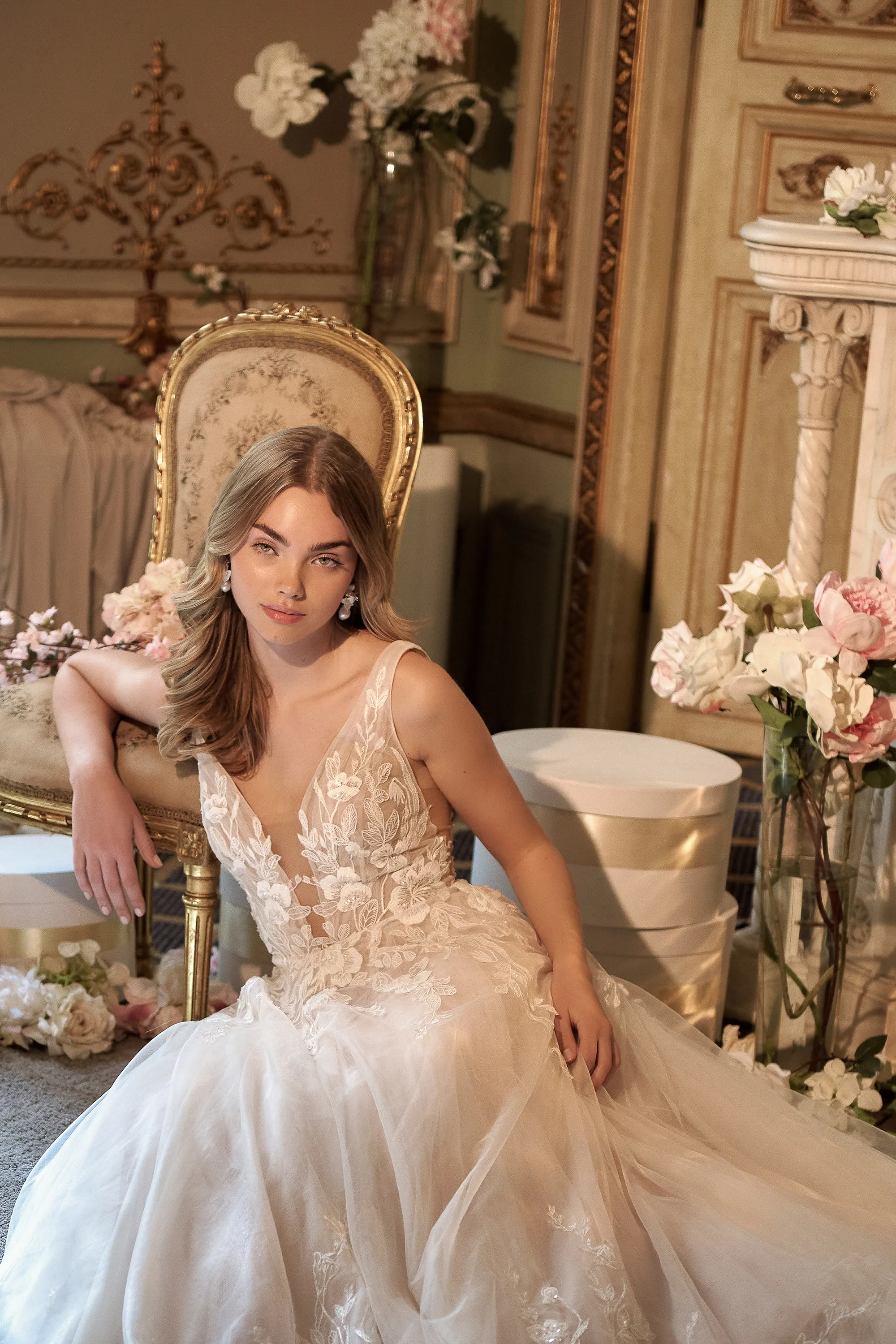 1 / 5 satton⭐︎ 44468: Tulle Ball Gown with Plunging Neckline and 3D Lace