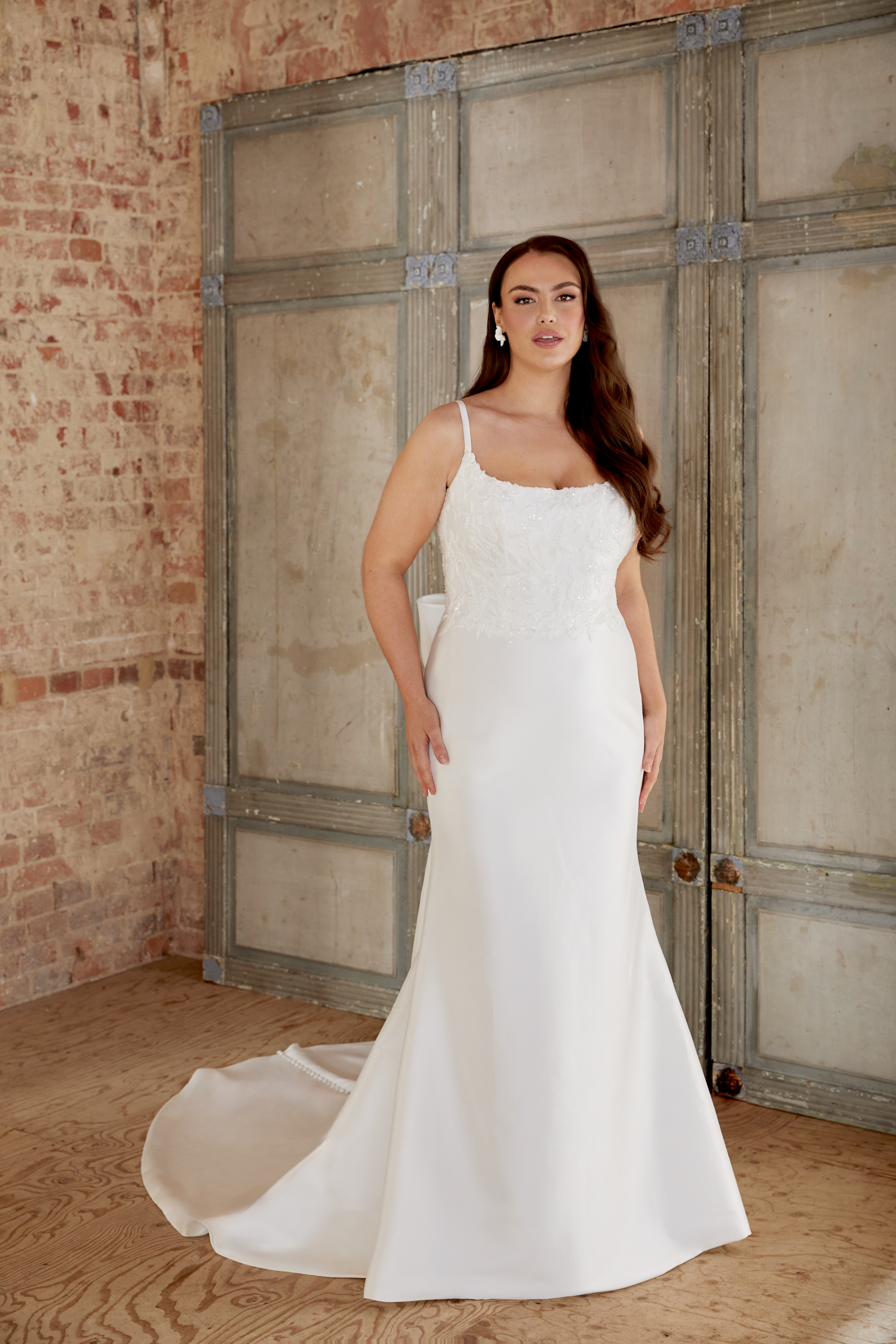 Sincerity Bridal Style 44510PS Plus Size Mikado Fit and Flare with Spaghetti Straps and Beaded Lace Appliqués