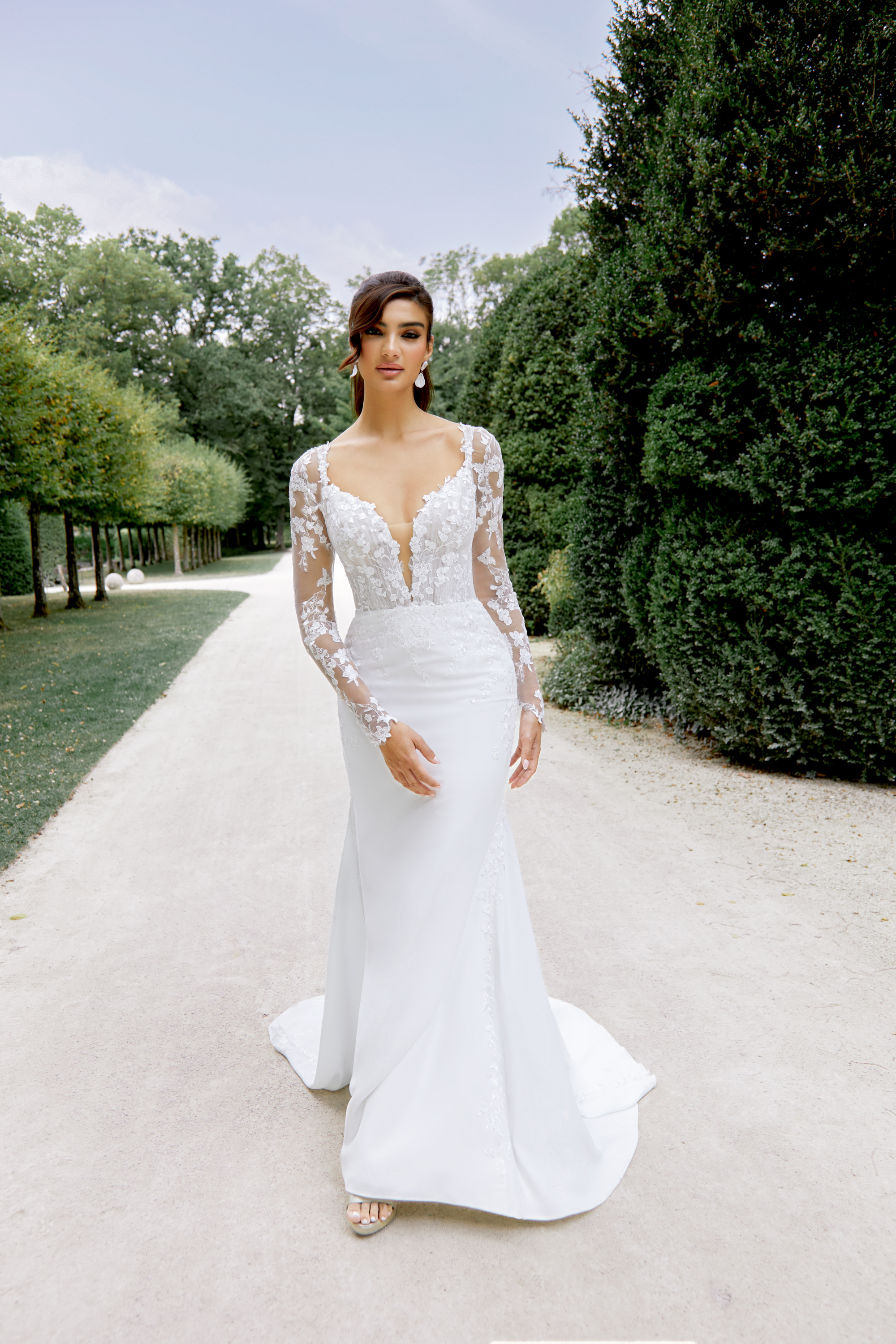 Sincerity Bridal Style 44514 Stretch Crepe Fit and Flare with Pleated Tulle Bodice and Lace Detail