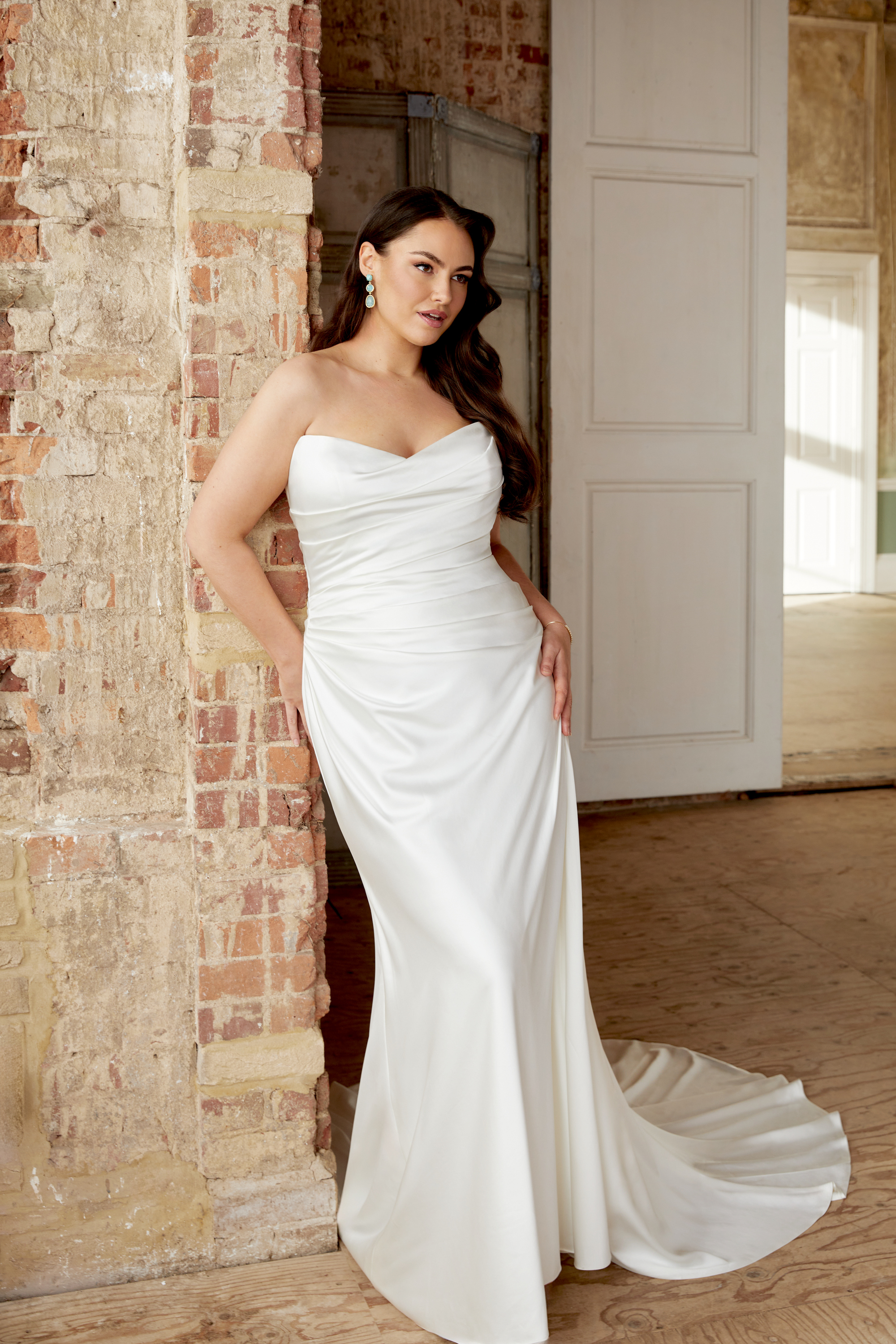 Sincerity Bridal Style 44518PS Pus Size Ruched Charmeuse Fit and Flare with Pointed Sweetheart Neckline