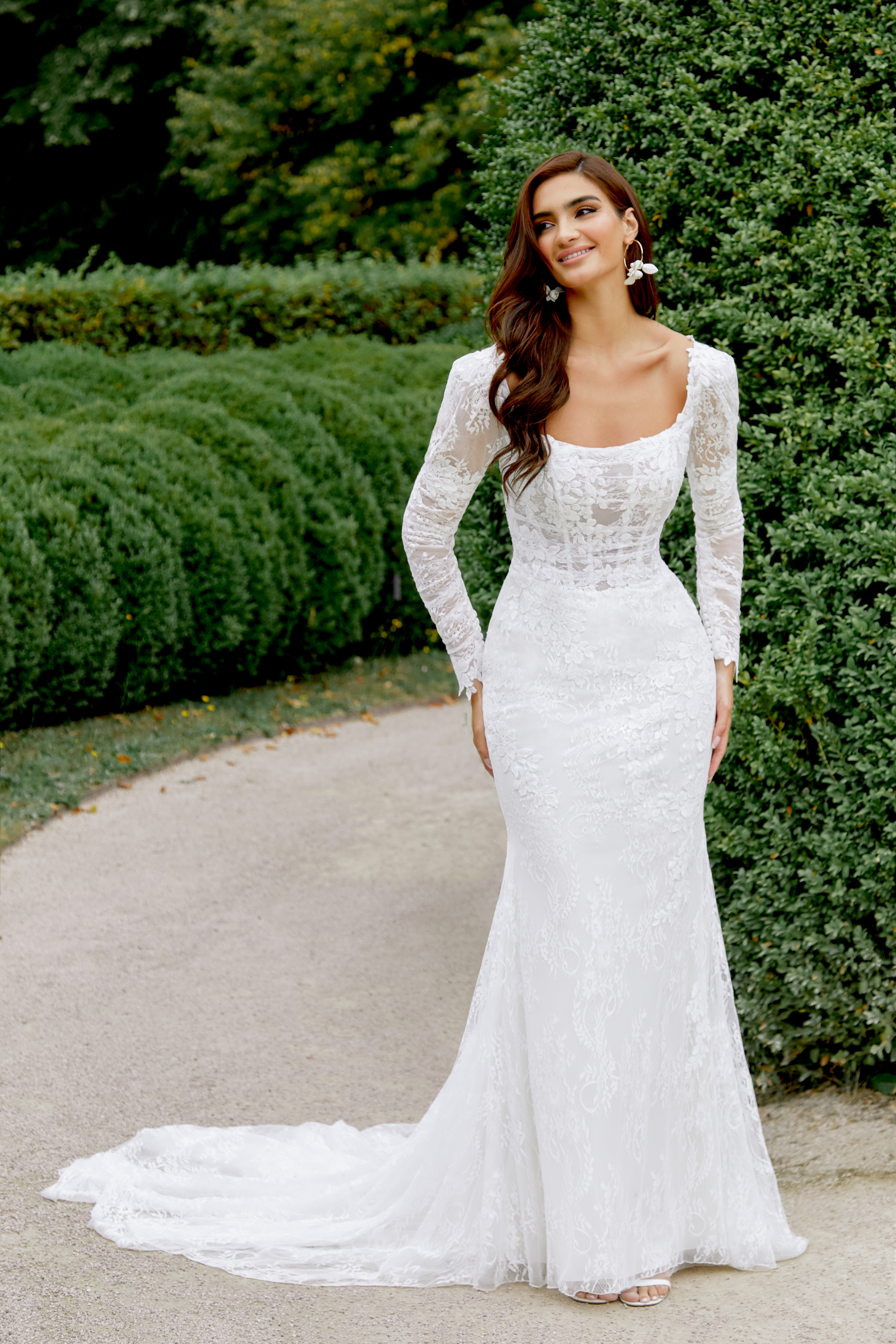 Sincerity Bridal Style 44524 Chantilly Lace Fit and Flare with Long Puff Sleeves
