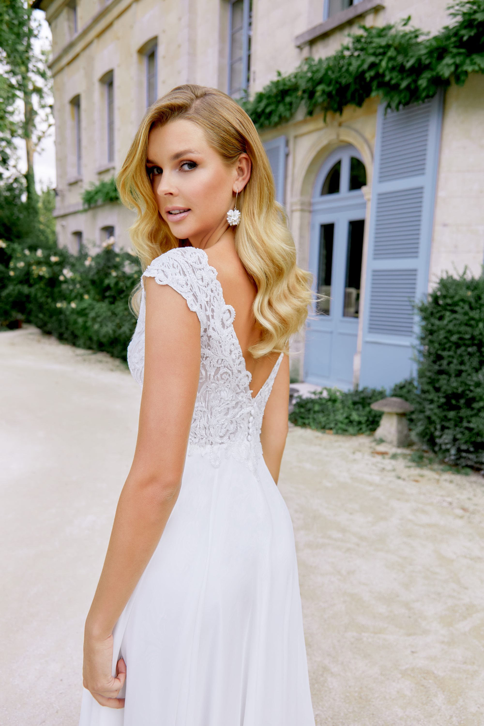 Sincerity Bridal Style 44532 Chiffon A Line with Cap Sleeves and Beaded Lace Appliques
