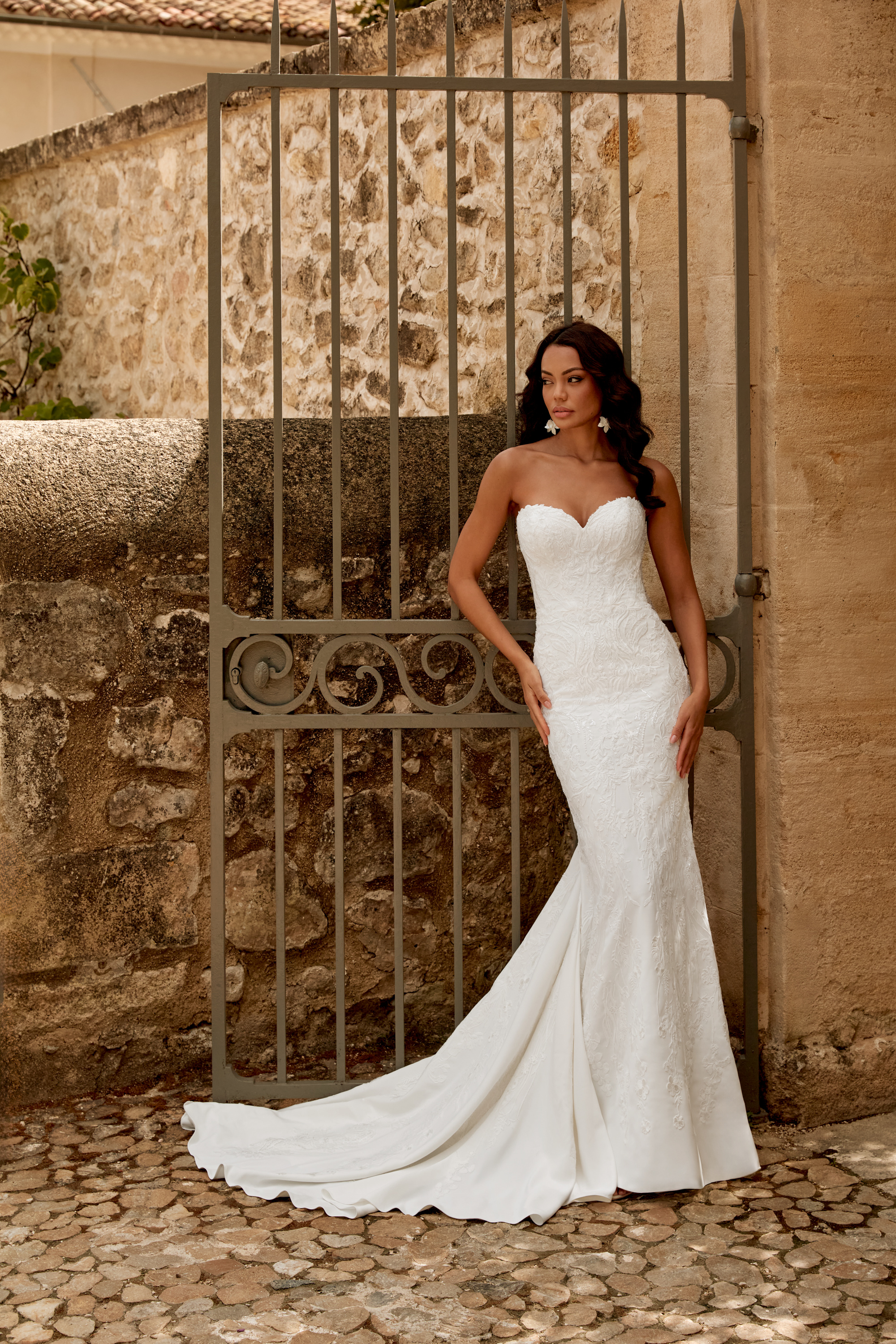 Sincerity Bridal Style 44571 Crepe Fit and Flare Gown with Shimmering Lace Accents