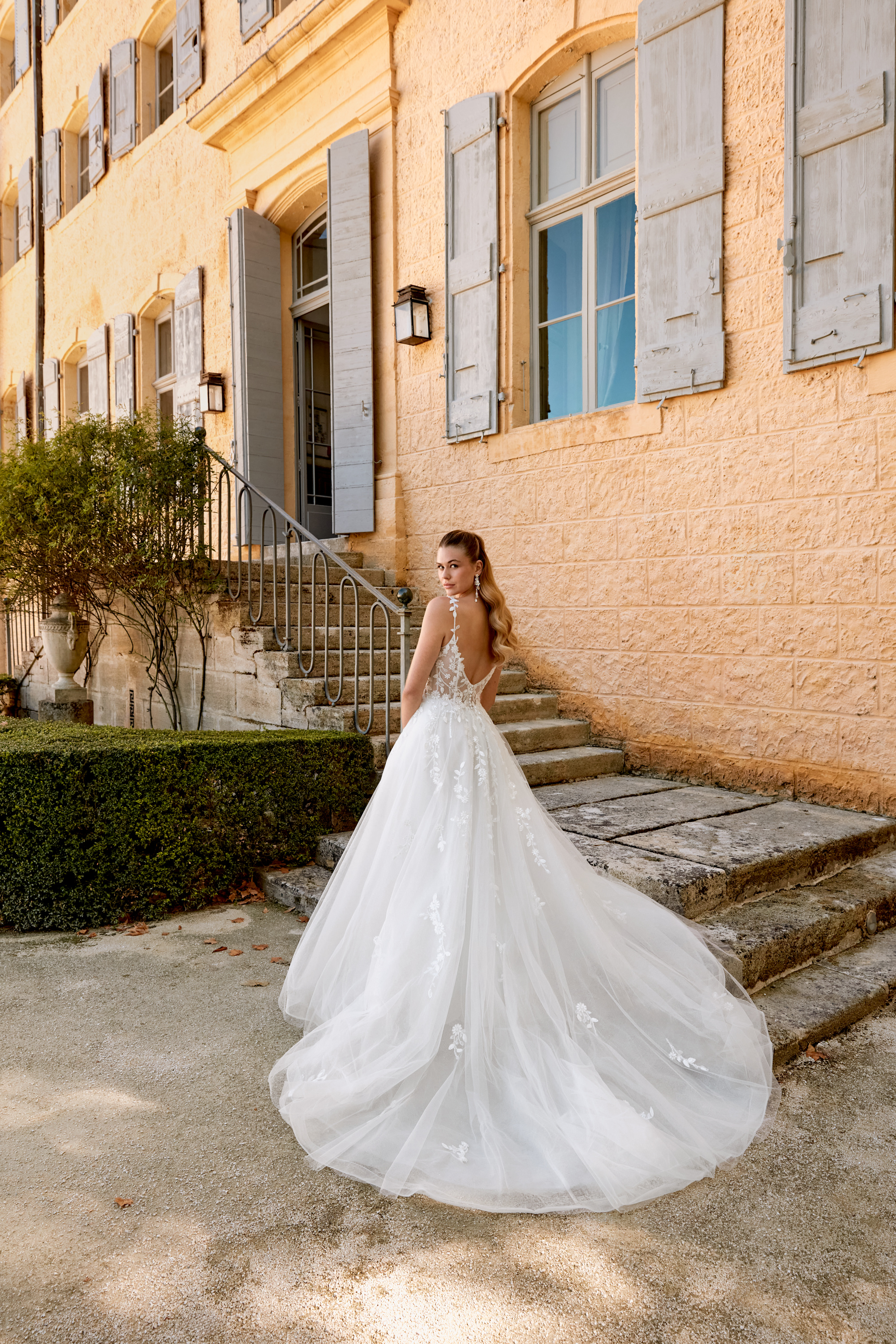 44486: Organza A-Line Gown Adorned with Sequin Embroidered Lace