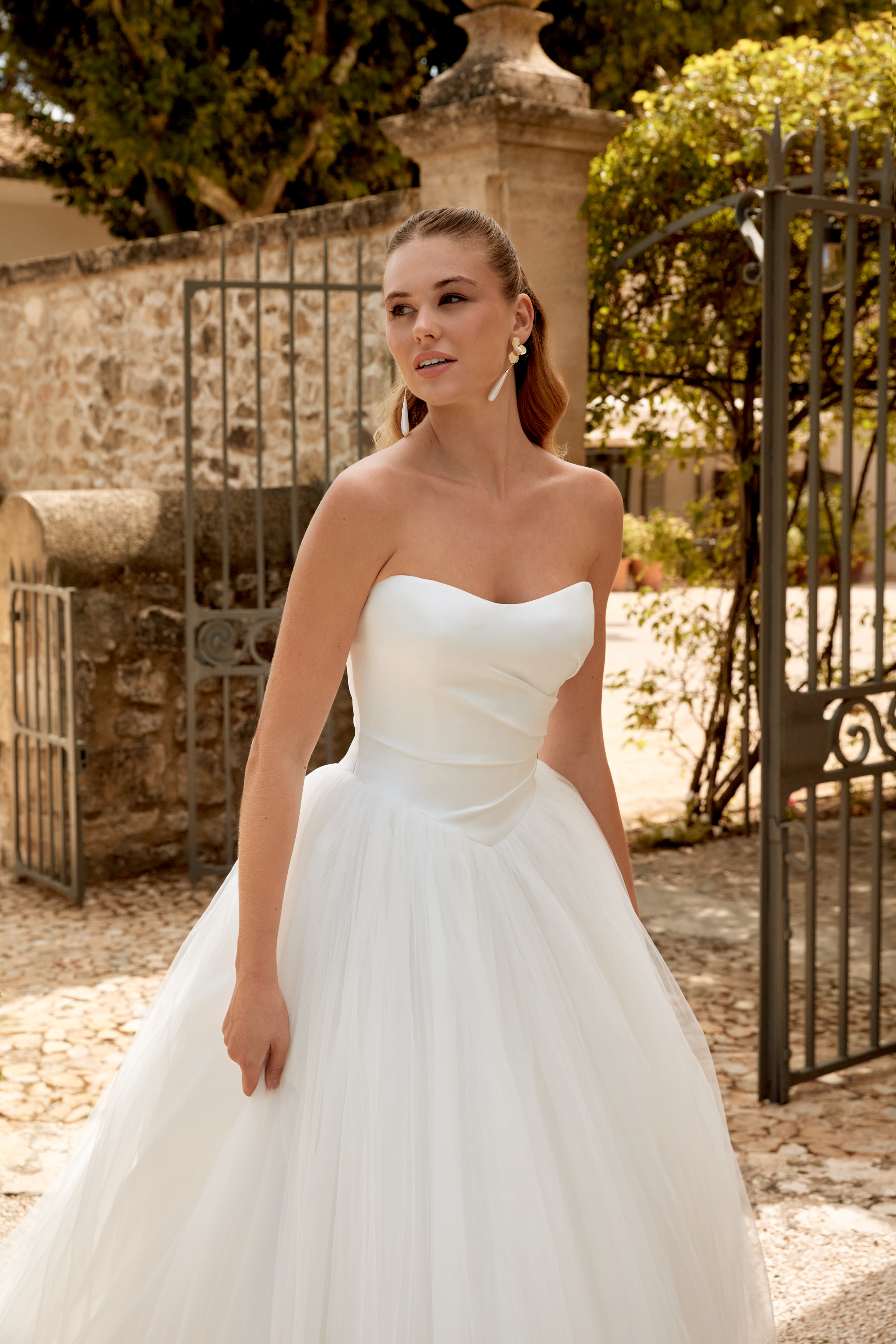 Sincerity Bridal Style 44579 Strapless Tulle Ball Gown with Draped Satin Basque Waist Bodice