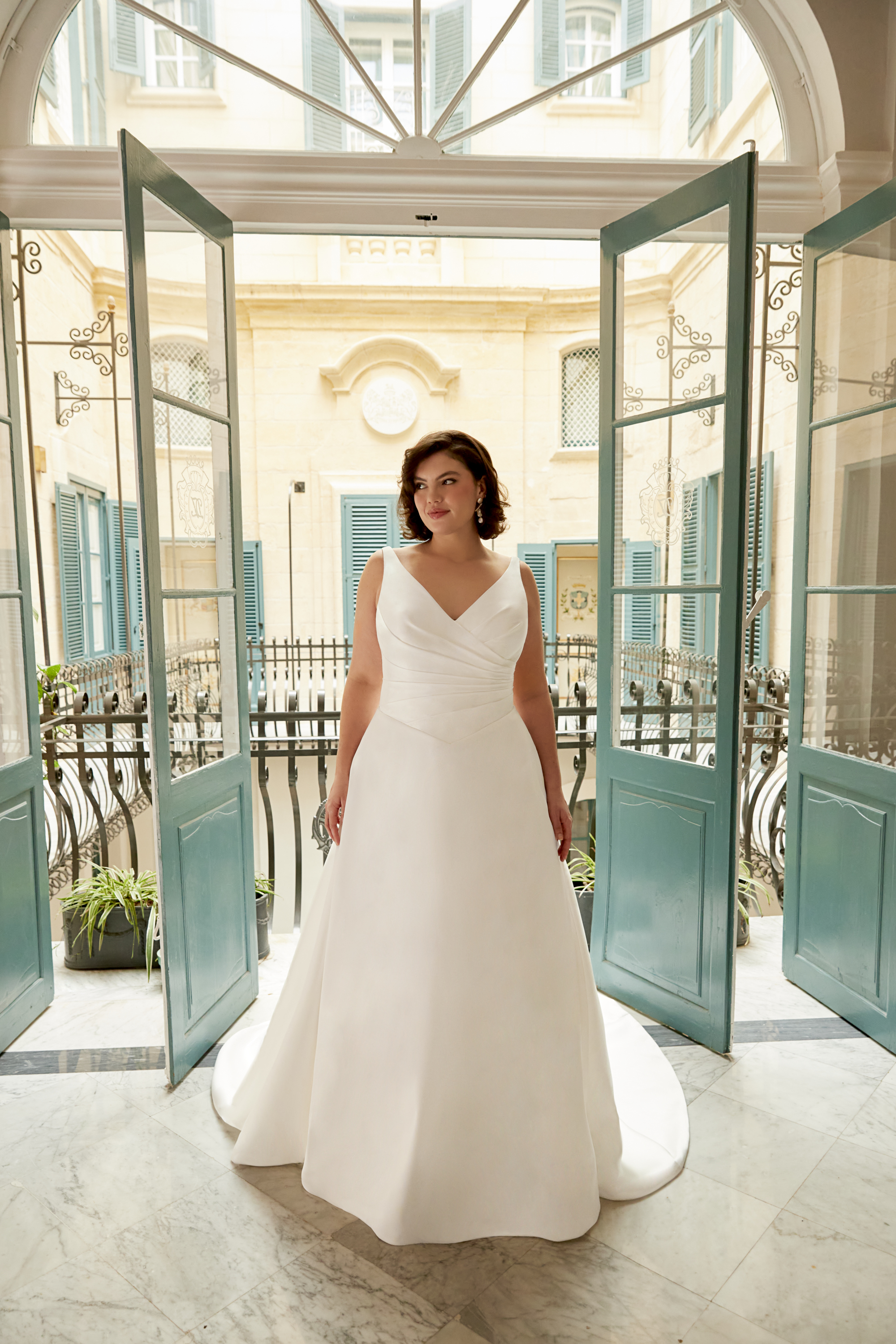 Sincerity Bridal Style 44585PS V-Neck Mikado Plus Size Ball Gown with Pleated Basque Waist