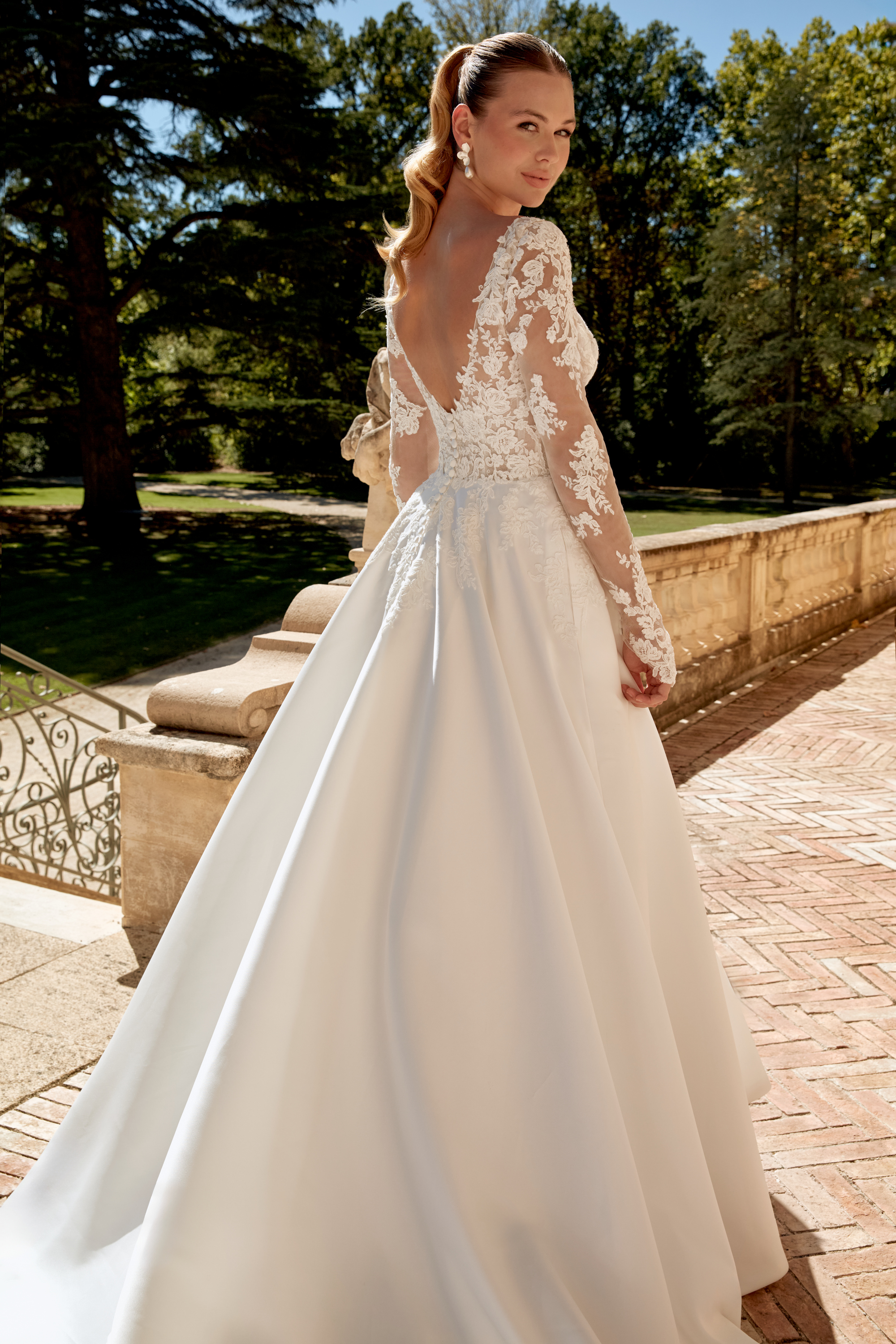 Sincerity Bridal Style 44589 V-Neck Mikado Ball Gown with Matte Lace Bodice