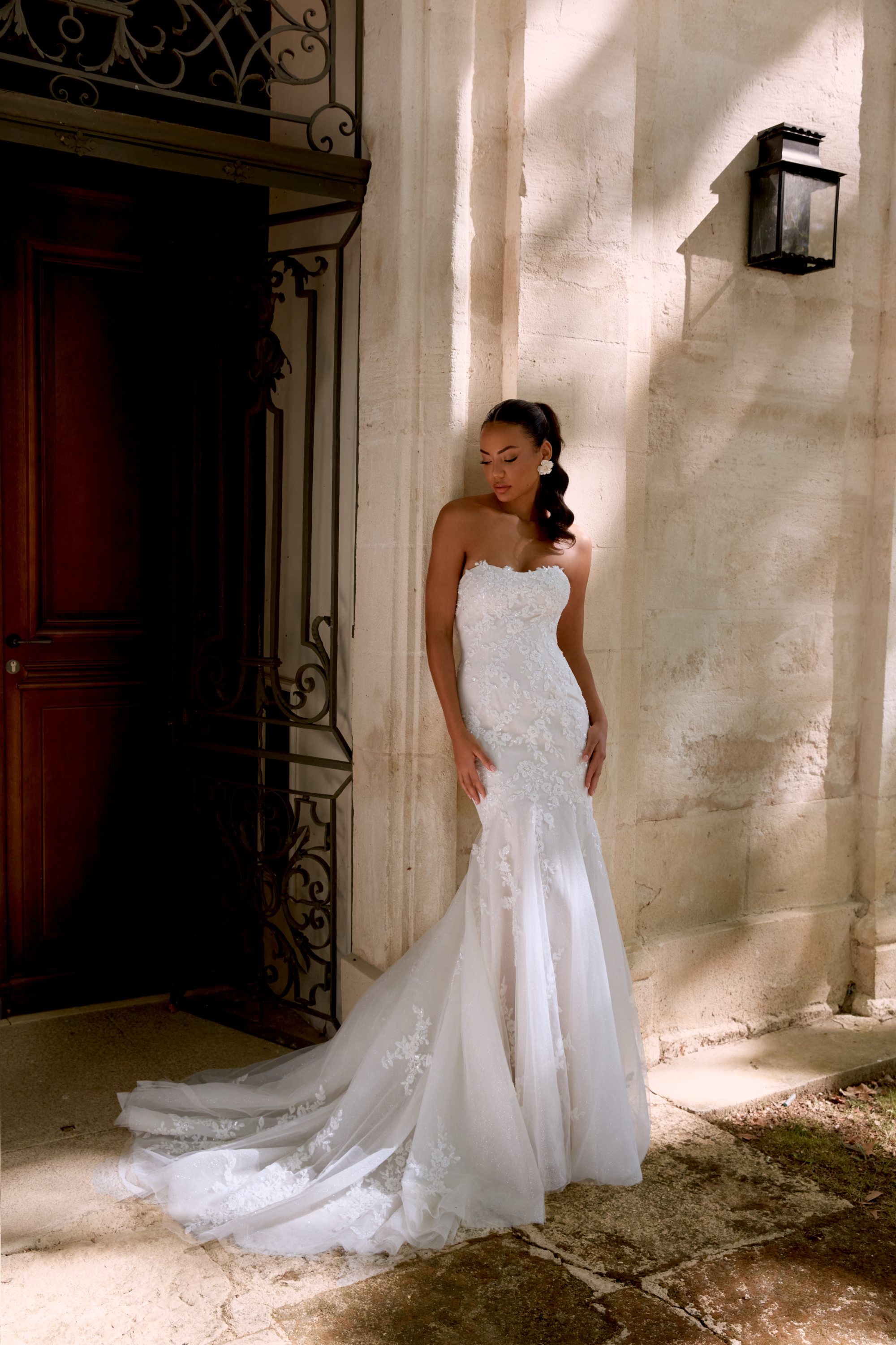 Sincerity Bridal Style 44592 Strapless Tulle Fit and Flare Gown with Glitter Tulle and Beaded Lace