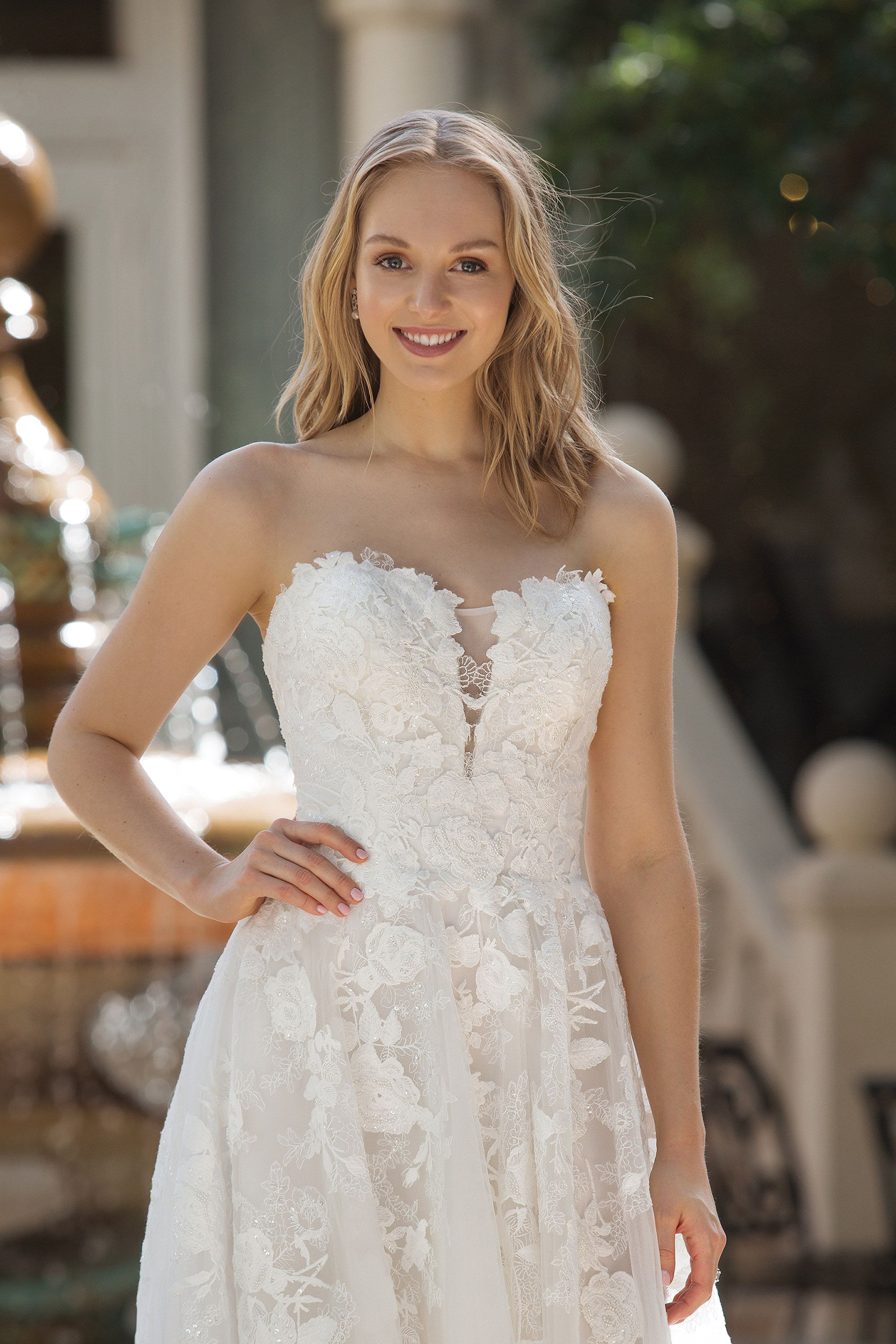 44073: Sweetheart Illusion Bodice with Floral Lace Appliqués Dress 