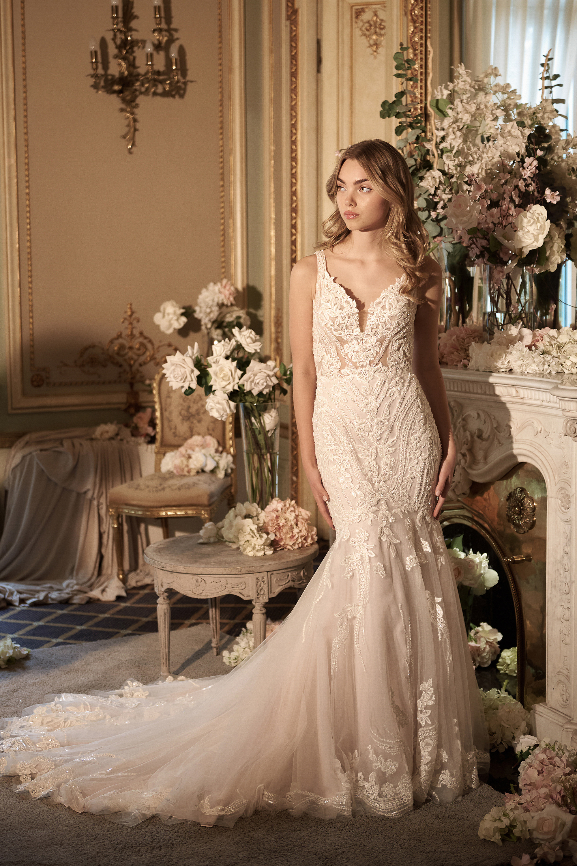 Sincerity Bridal Style 44426 Trumpet Gown with Sheer Bodice and Plunging V-Neck with Low Back