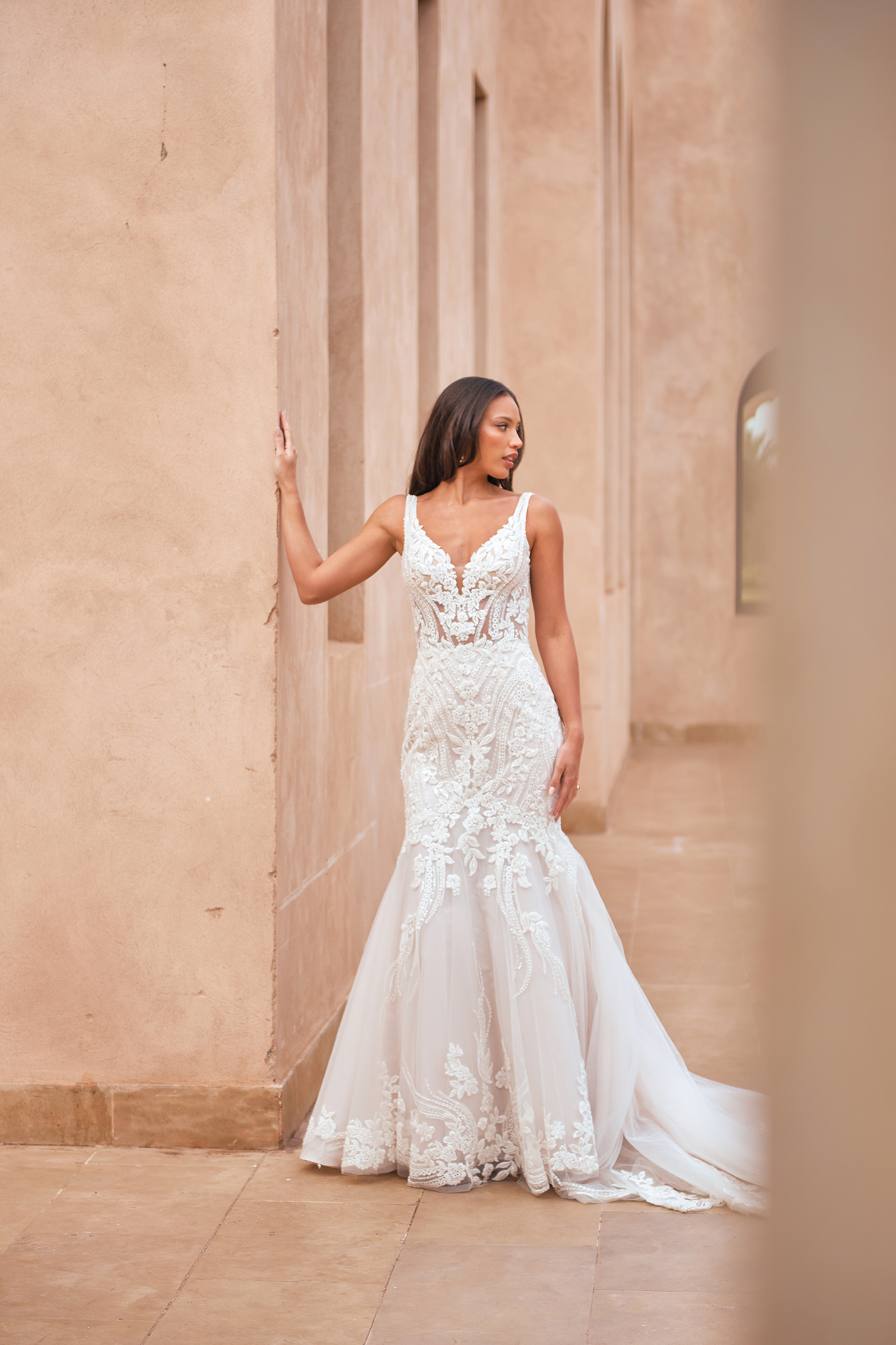 Sincerity Bridal Style 44426 Trumpet Gown with Sheer Bodice and Plunging V-Neck with Low Back