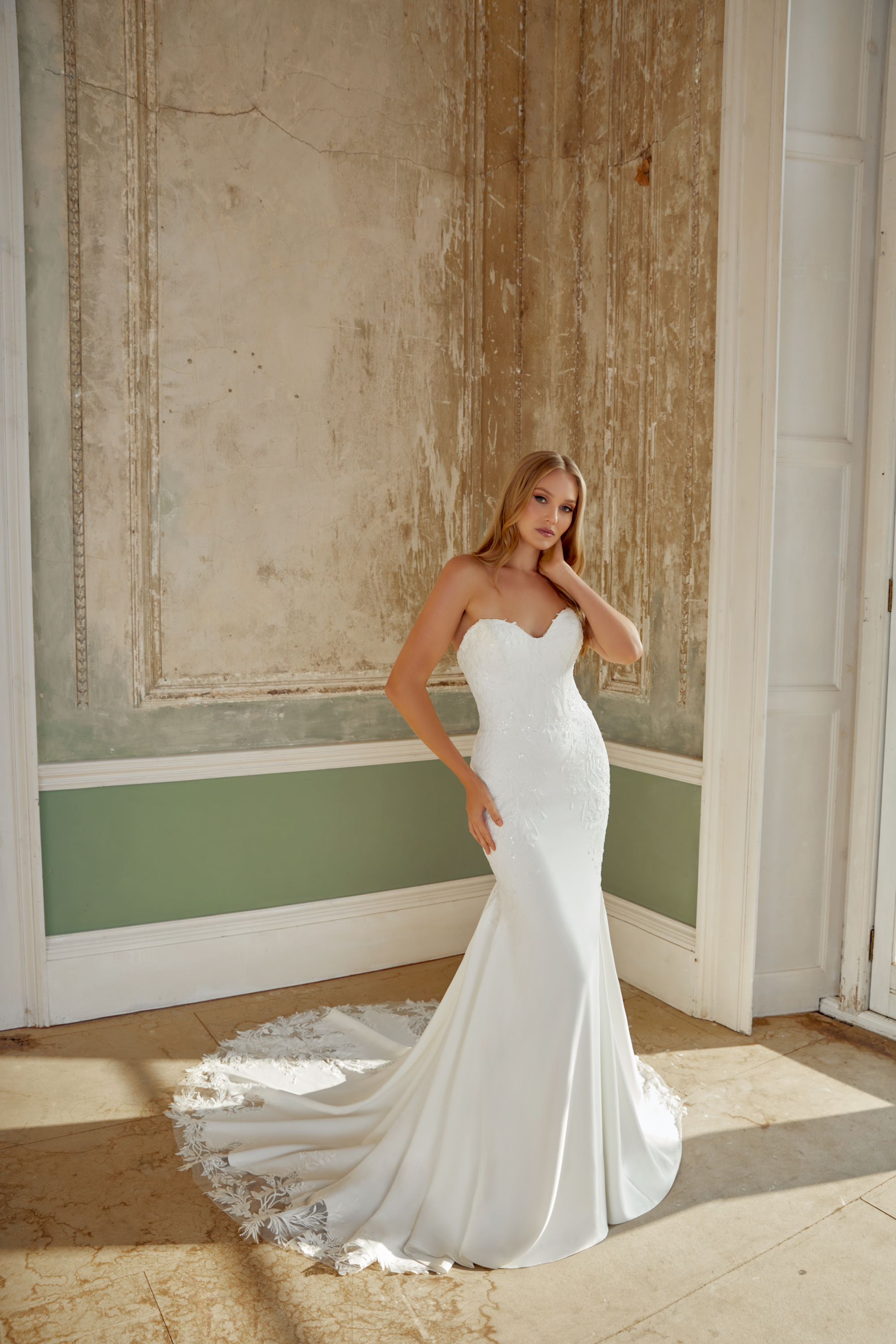 Sincerity Bridal Style 44537 Stretch Crepe Fit and Flare Gown with Lace Appliqués and Cut Out Train