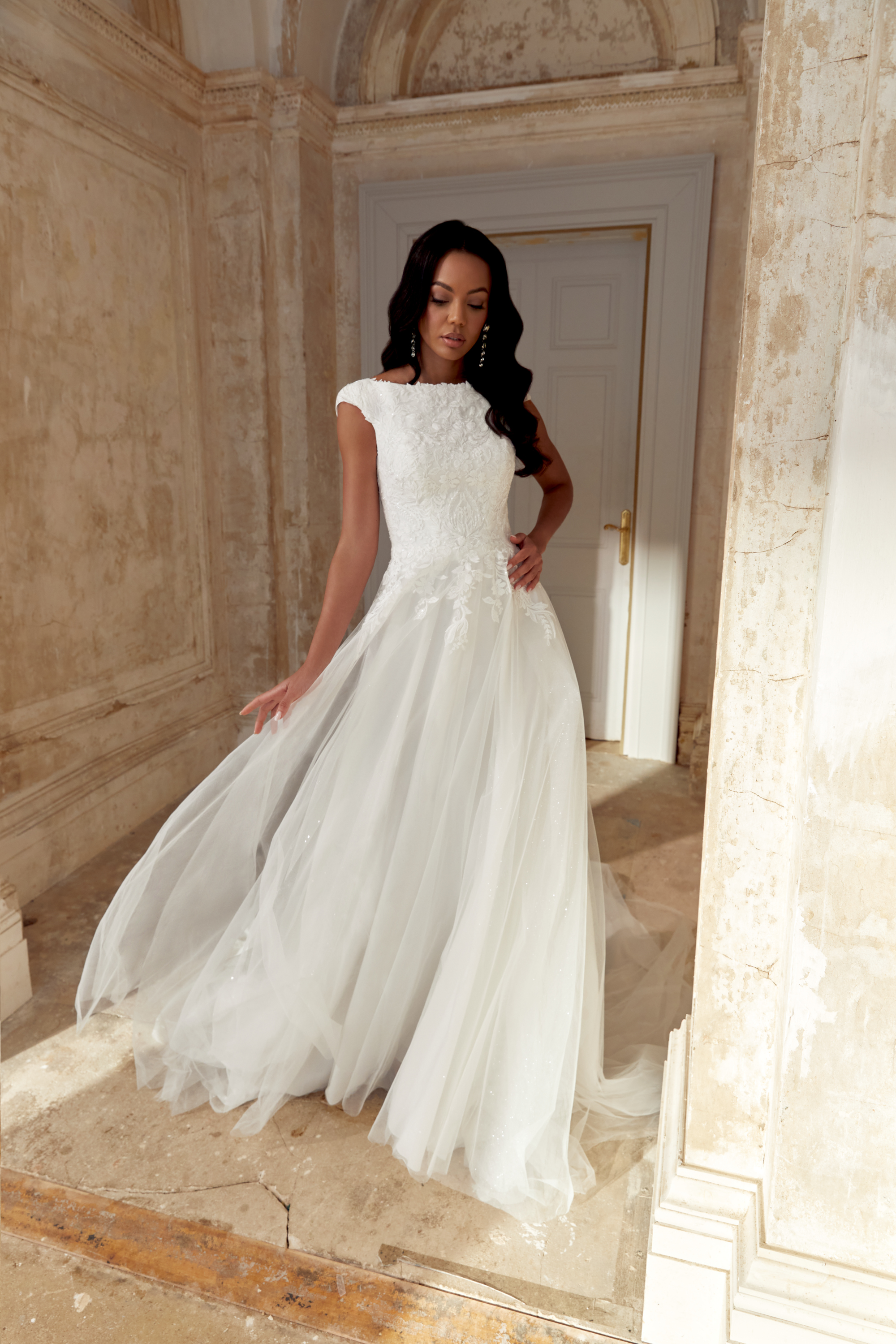 Sincerity Bridal Style 44538 Sparkling A-Line Gown with Sabrina Neckline and Cap Sleeves