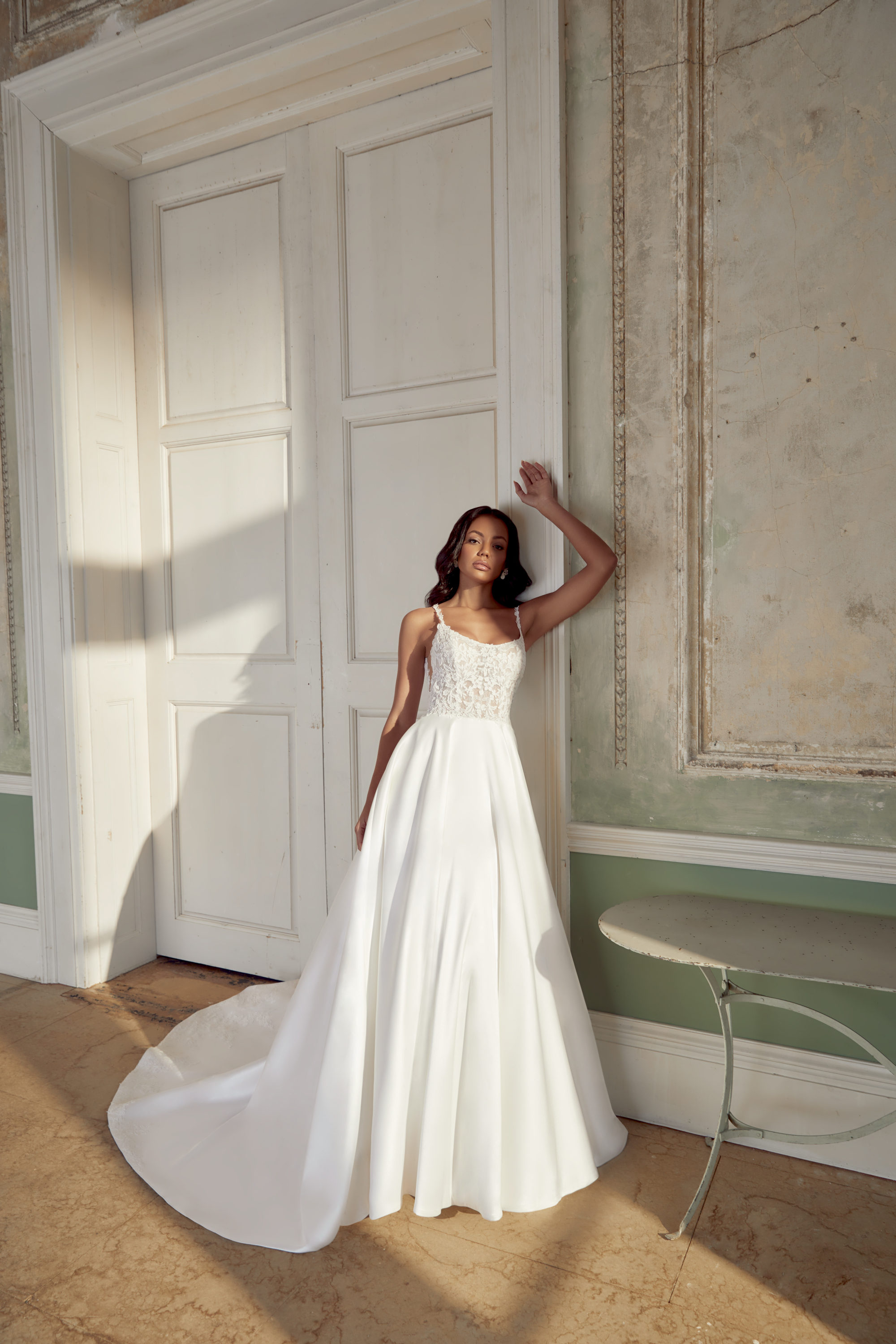 Sincerity Bridal Style 44539 Mikado A-Line Gown with Matte Corded Lace Bodice and Side V Cut-Outs
