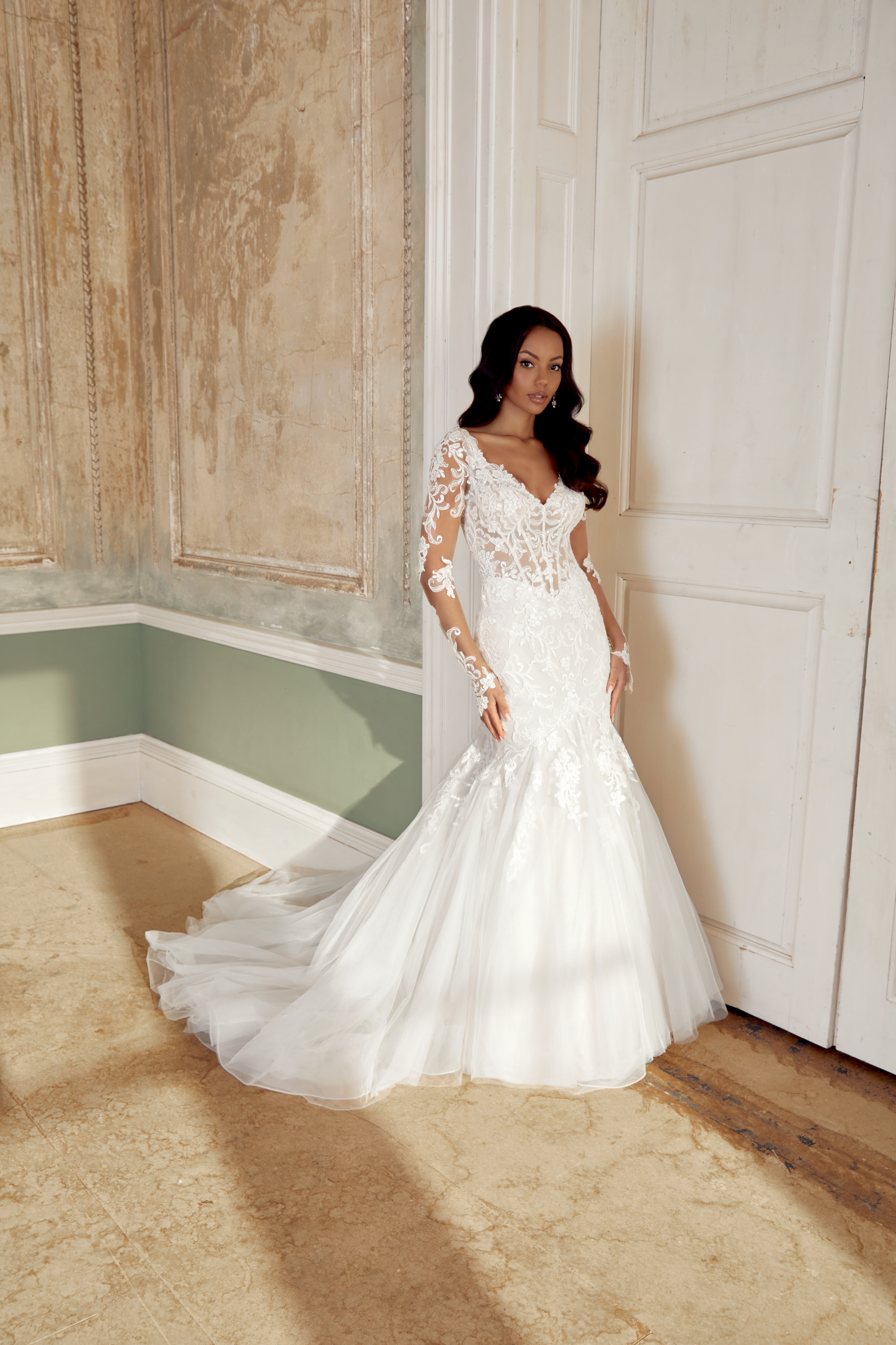 Sincerity Bridal Style 44542 Tulle Mermaid Gown with Sequined Lace Appliqués and Basque Waist