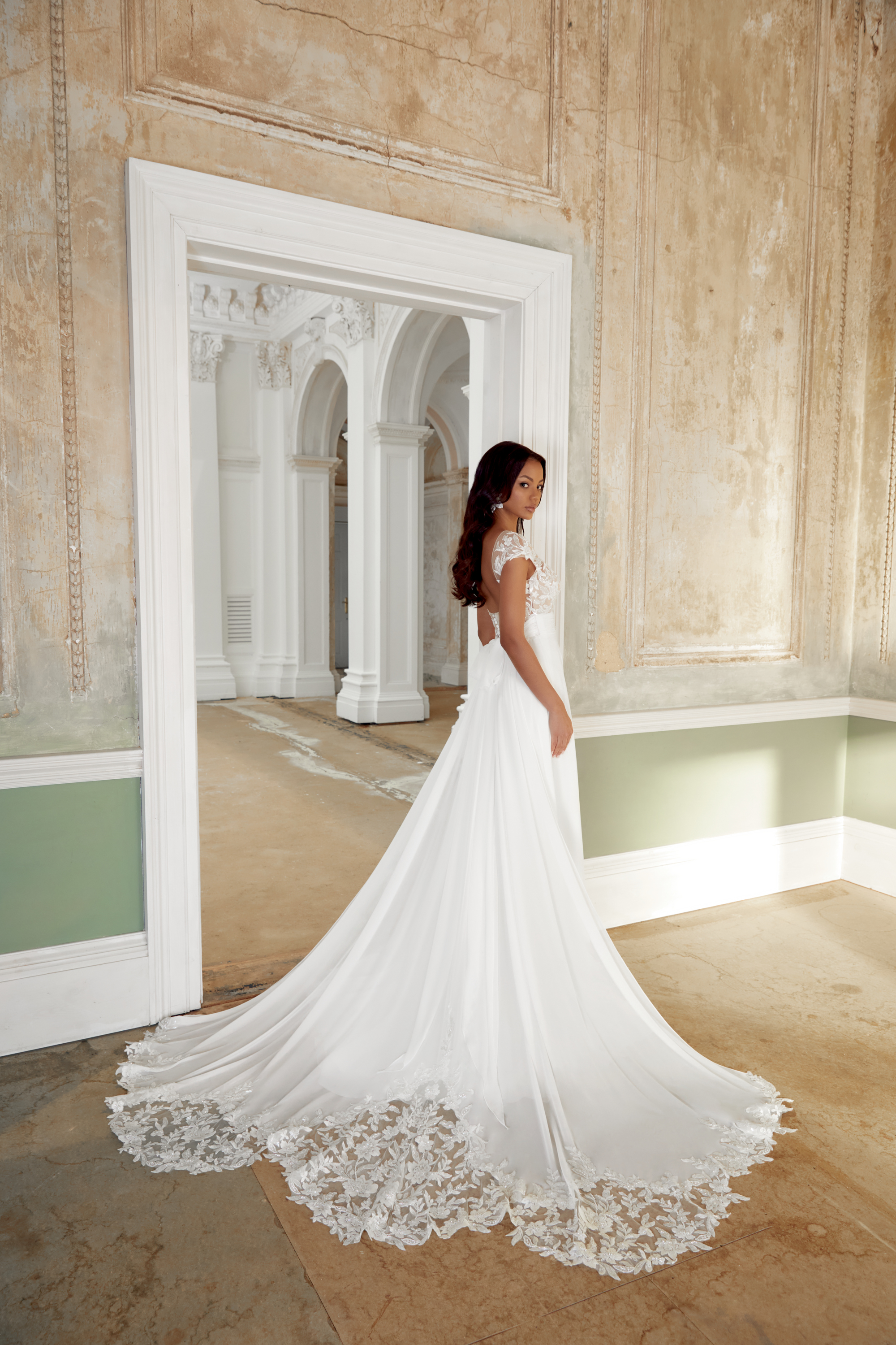 Sincerity Bridal Style 44545 Chiffon A-Line Gown with Illusion Sabrina Neckline and Cap Sleeves