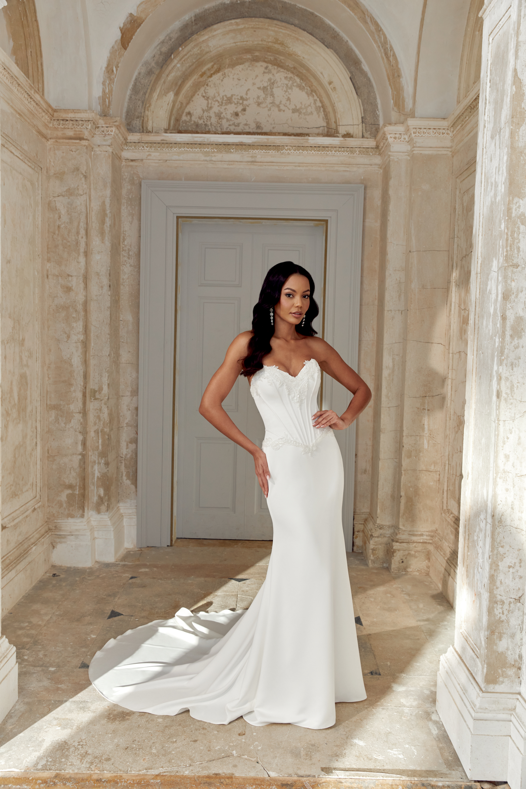 Sincerity Bridal Style 44552 Satin Fit and Flare with Lace Appliqués on Bodice and Basque Waistline