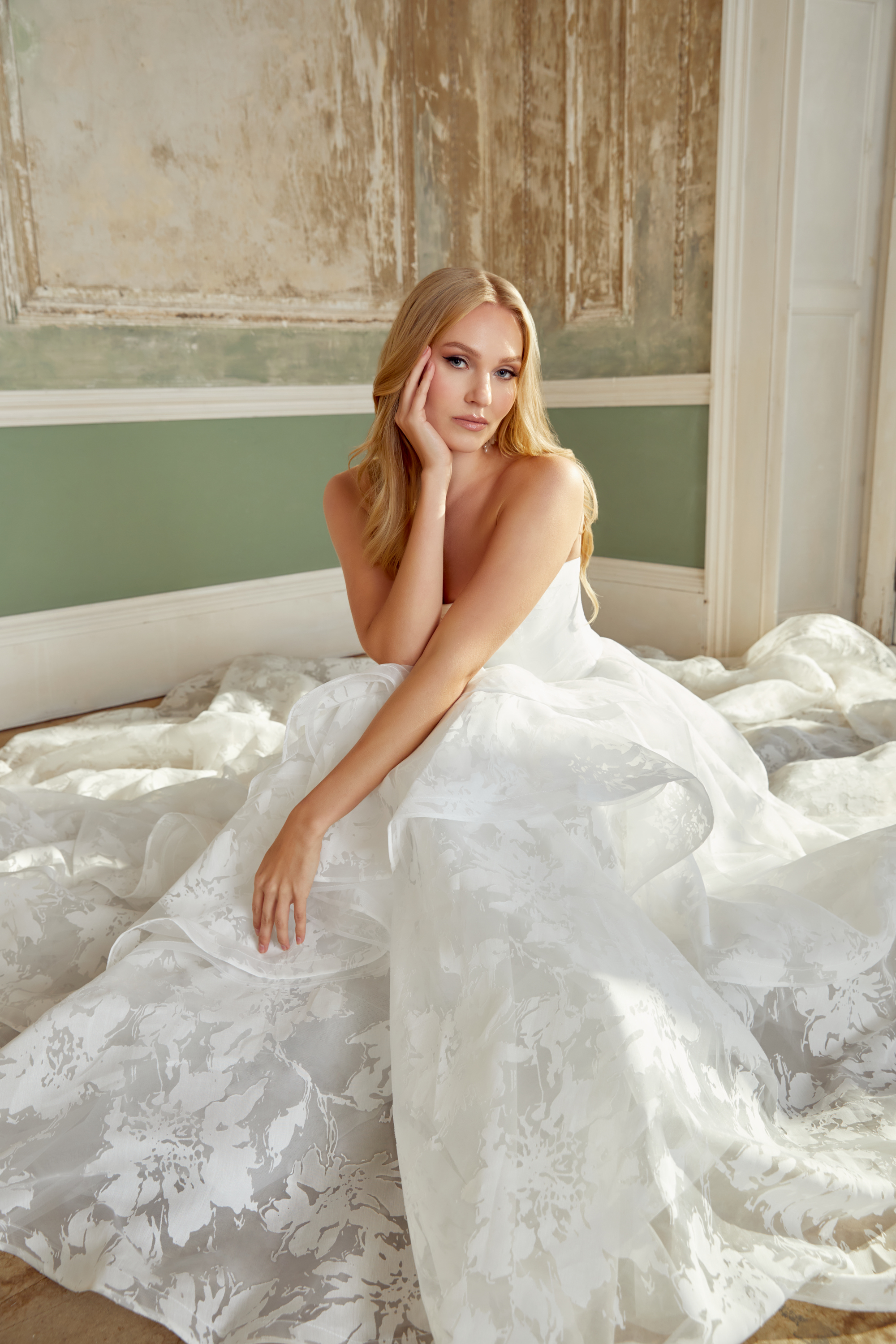Sincerity Bridal Style 44555 Organza Jacquard Ballgown with Asymmetrical Tiered Ruffled Skirt