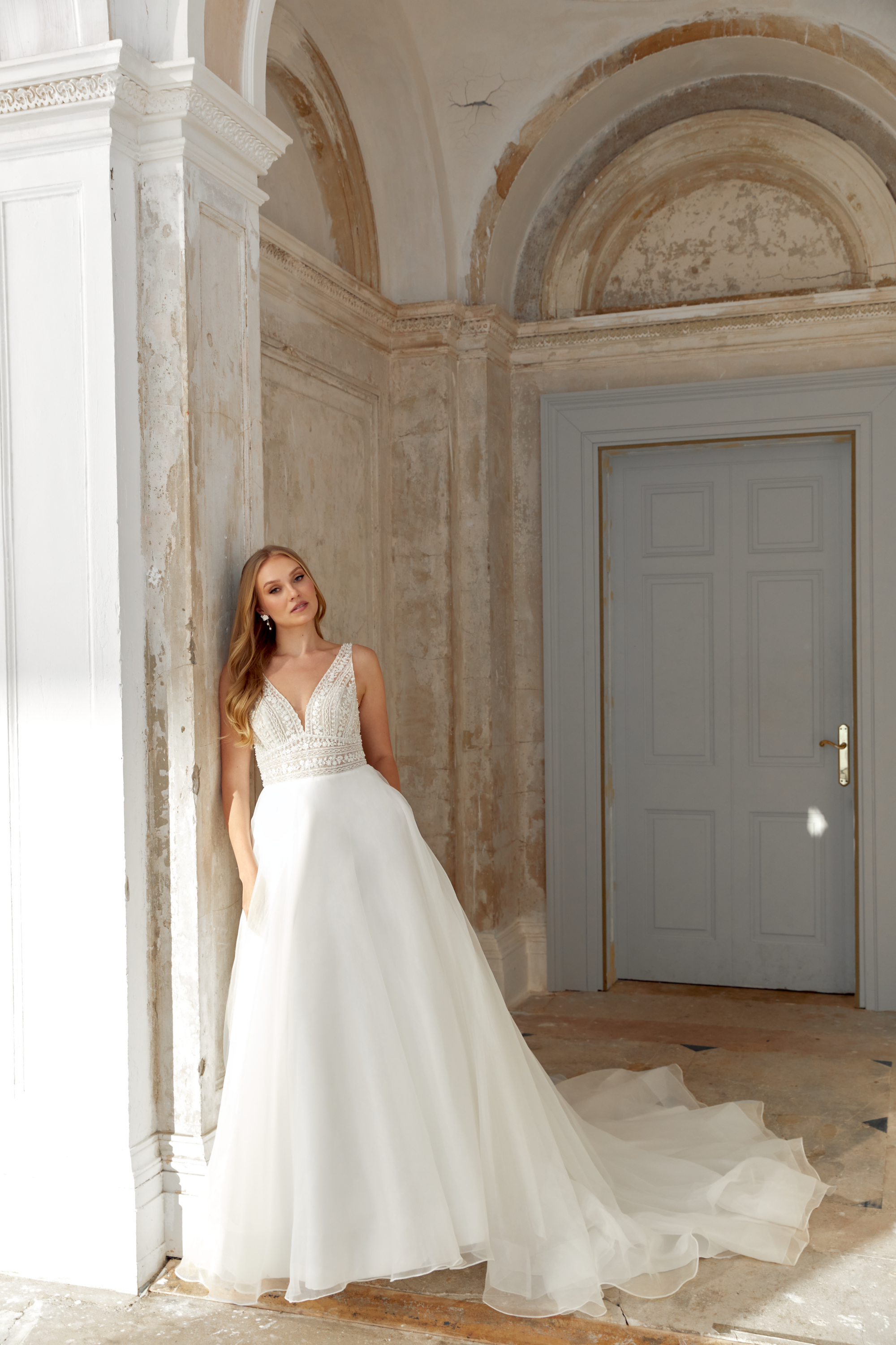 Sincerity Bridal Style 44559 Organza Ballgown with V-Neckline and Sheer Beaded Bodice
