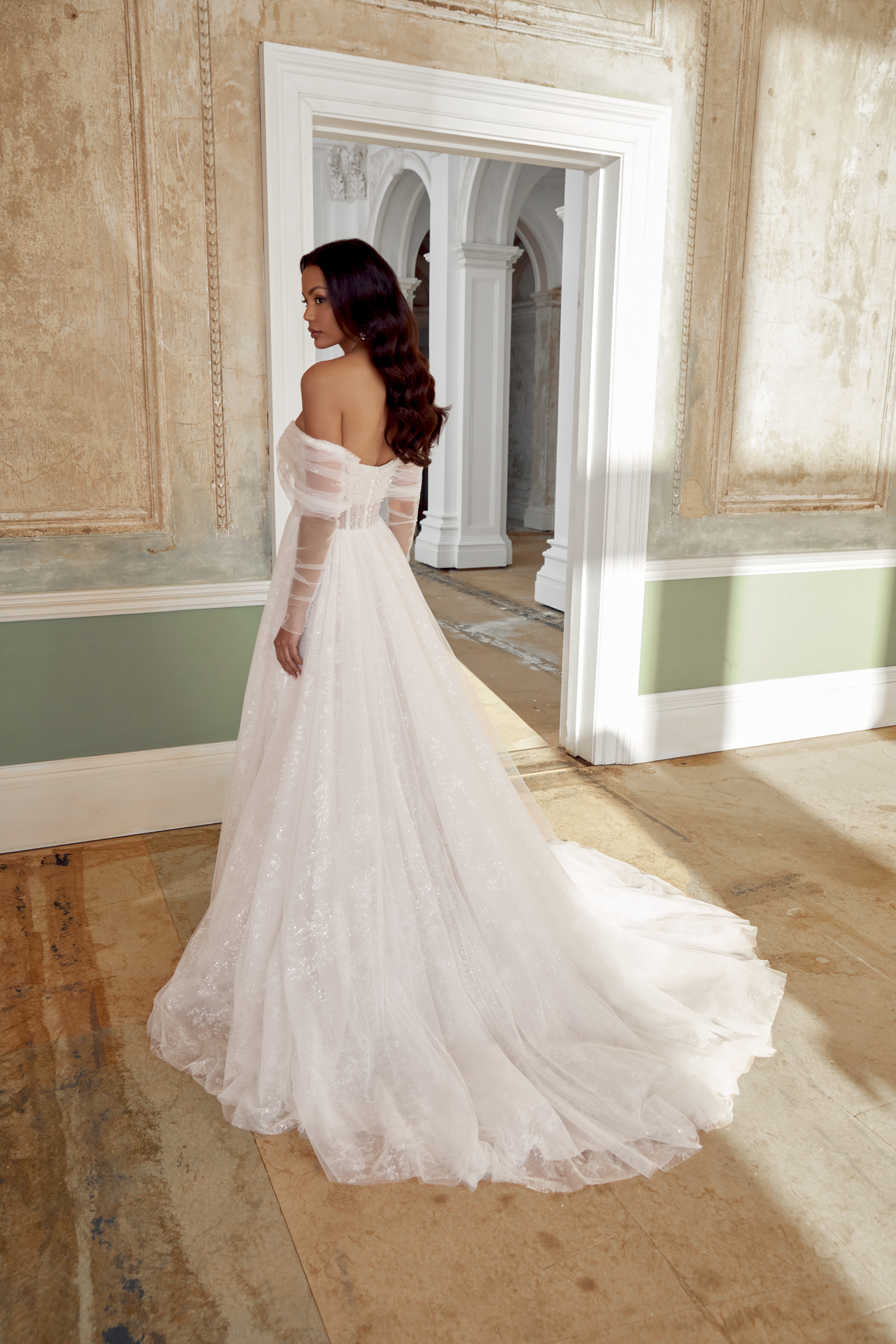 Sincerity Bridal Style 44562SL Detachable Tulle Long Sleeves with Scattered Crystal and Pearl Beading