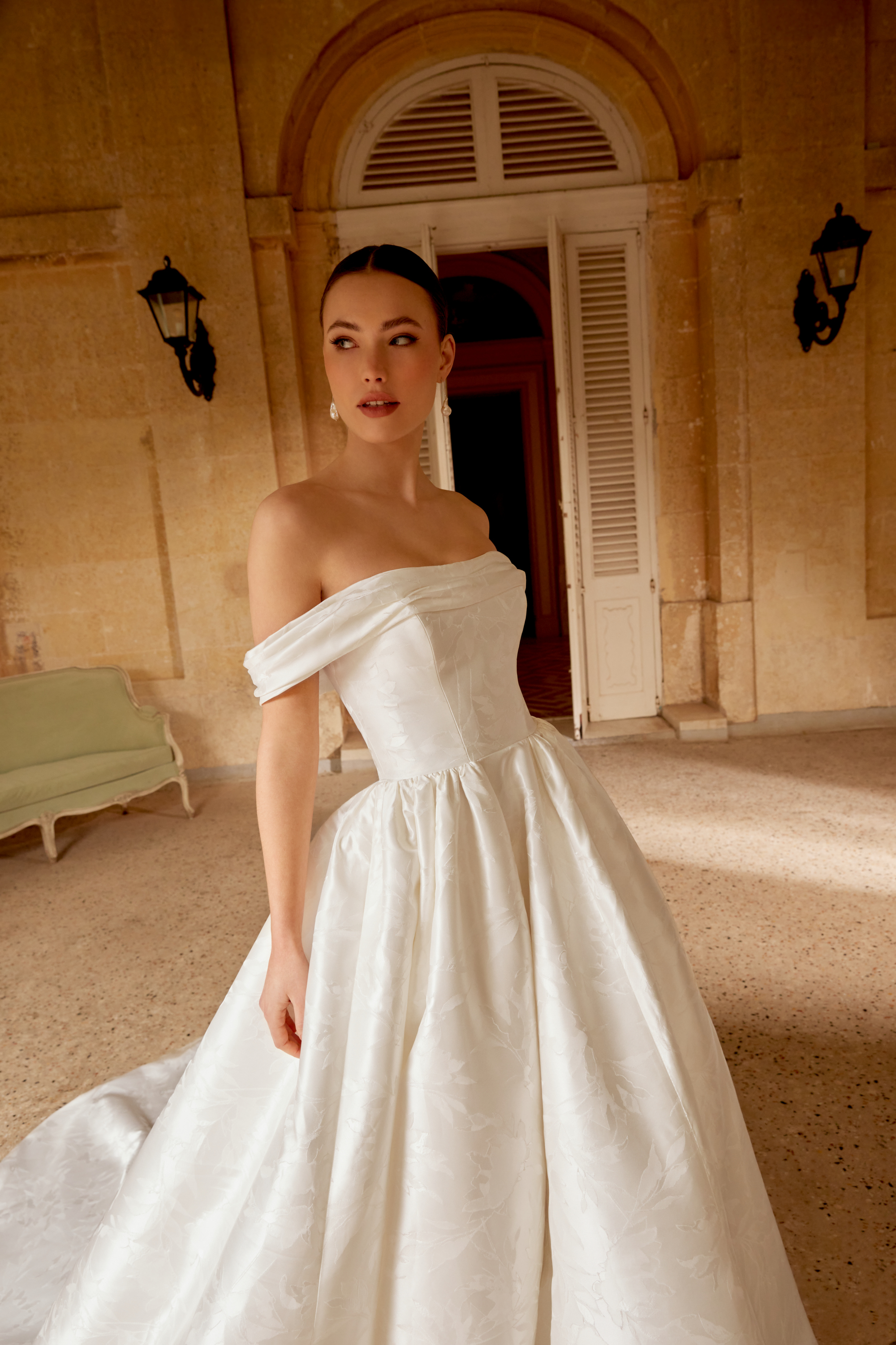 Sincerity Bridal Style 44601 Off-the-Shoulder Floral Brocade A-Line gown with Off-the-Shoulder Neckline and Princess Seams